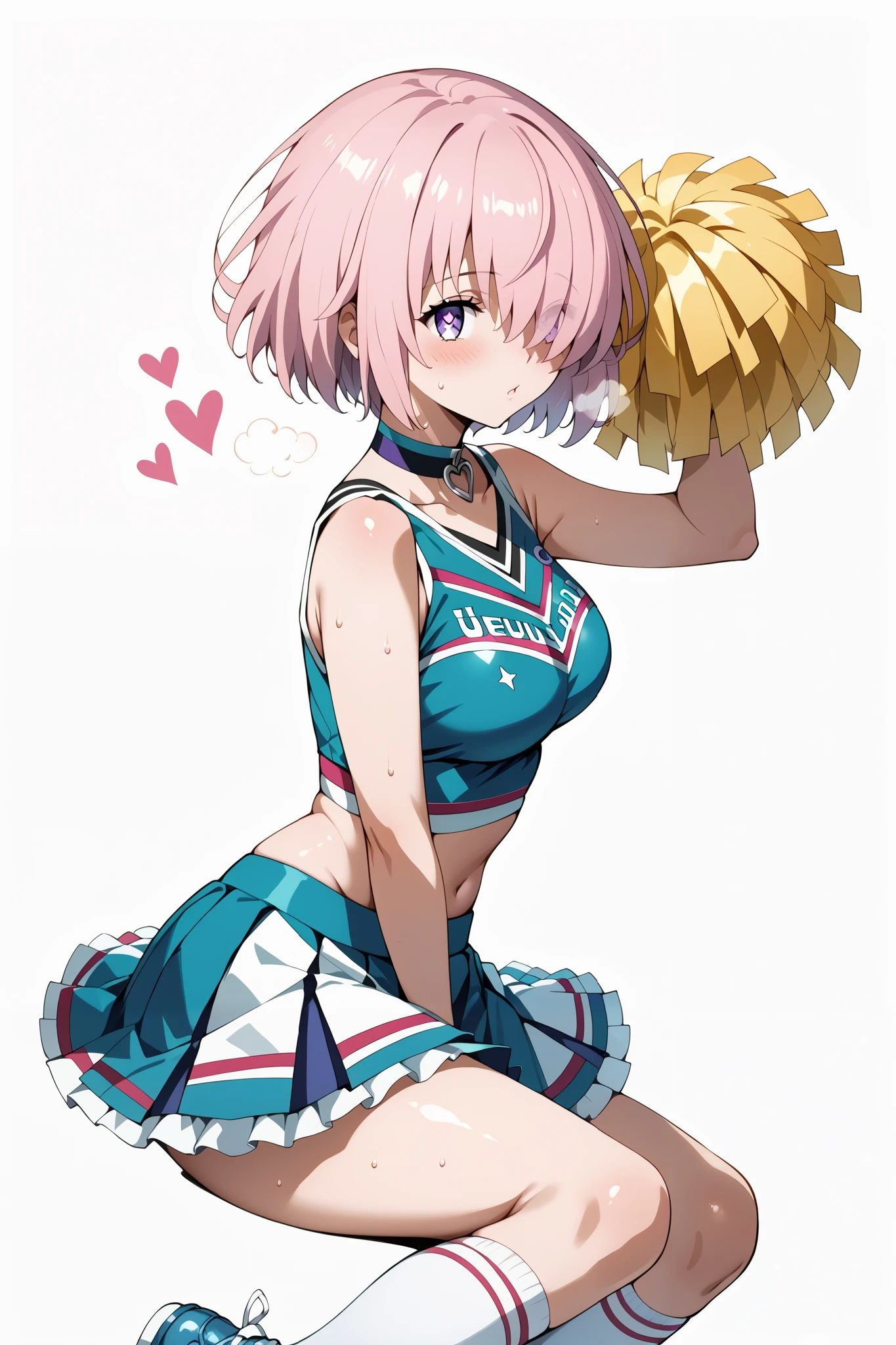 score_9, score_8_up, score_7_up, source_anime, 4K,perfect fingers,(perfect hands, perfect anatomy),prefect lighting, very aesthetic, intricate details,highly detailed background, masterpiece, high quality, best quality,
1girl, mashkyrielight, mash kyrielight, short hair, purple eyes, pink hair, hair over one eye, large breast,
wearing ((cheerleader, frilled skirt、separate, Knee-high socks、Choker of Hearts, ))
front, Angle from the side、White background, Simple Background、Character portrait, pink heart pupils, White Breath, Sweat,
