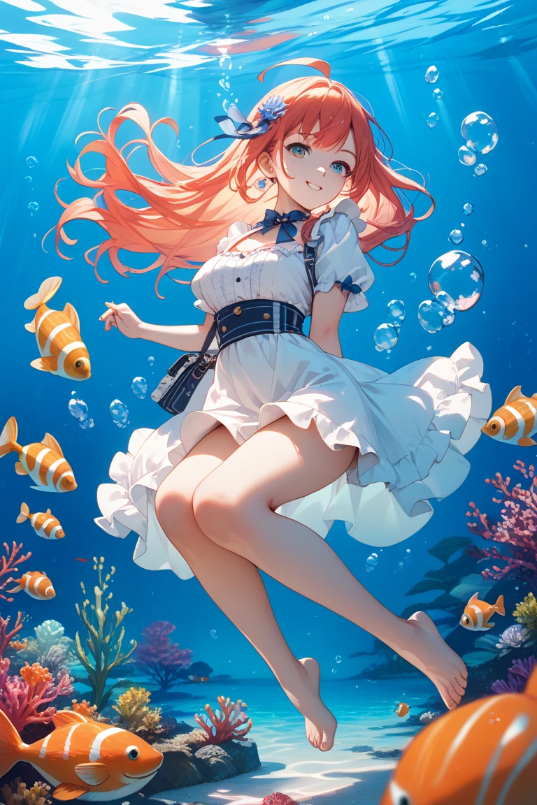 (masterpiece), (best quality), highres, highly detailed, an extremely delicate and beautiful, wide_shot, bokeh, underwater shot, 
1 girl, solo, [tiny:medium:0.7] breasts, beautiful red eyes, ruby textured pupils, (smiley and round eyes), sparkling pupils, pale red hair, (short hair), (wavy hair ends), floating hair, 
choker, white choker, bracelet, sailor collar, neckerchief, white neckerchief, floating neckerchief, dress, frilled dress, sailor dress, short sleeves, frills, floating skirt end, anchor symbol, shoes, white footwear, bow, footwear bow, (wet clothes:1.2), 
afloat, smile, :d, 
underwater, coral, coral reef, bubbles, (Total Internal Reflection:1.2), underwater water ripples