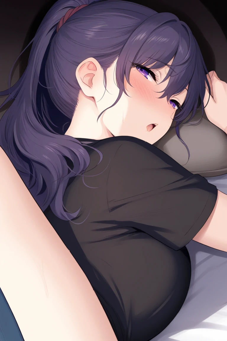 a short sexy woman wearing purple t shirt and black tracks, eyes closed, lips parted, blushing intensely, flustered, lying on bed