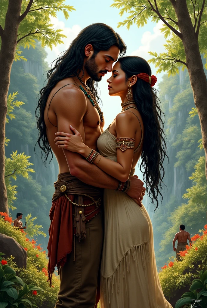 A handsome couple, standing on a river bank, woman, Lucy Pinder, completely naked, breasts visible, trees in background, man, handsome, robust, shirt less, wearing a white dhoti, full body view, head to toe, long black hair , front view, daylight, realistic, shade lights, high resolution, by Louis Royo, by Boris Vallejo, by Frank Frazetta