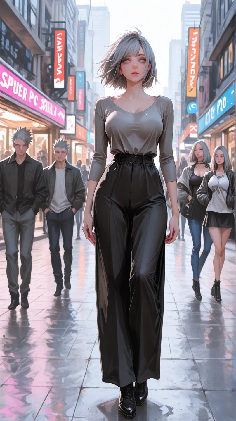 starlow, yellow skin, black eyes, black turtleneck sweater, high waist jeans, looking at viewer, serious, smiling, standing, inside mall, crowd, bright lighting, high quality, masterpiece, <lora:Starlow_MarioAndLuigi:1>
