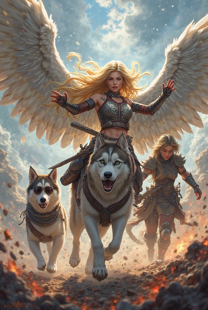 A somewhat blurry drawing like a painting of a group of heroes, a big black wolf with blue eyes with a warrior woman on top holding a hammer, a woman with white hair and her dress seemed to shine like the moon, a brunette woman with black braided hair full of rose petals around her, another much larger wolf with a grayer coat similar to an alpha, an angel with white hair and pale skin holding an angelic bow with the arrow smoking, a tall, handsome, slender guy surrounded by shadows holding a skull, in the sky a Dragon flying and breathing fire while a man rides on it brandishing a sword, and further in the background a girl with short hair, a tail and a red horn with a shield protecting other people