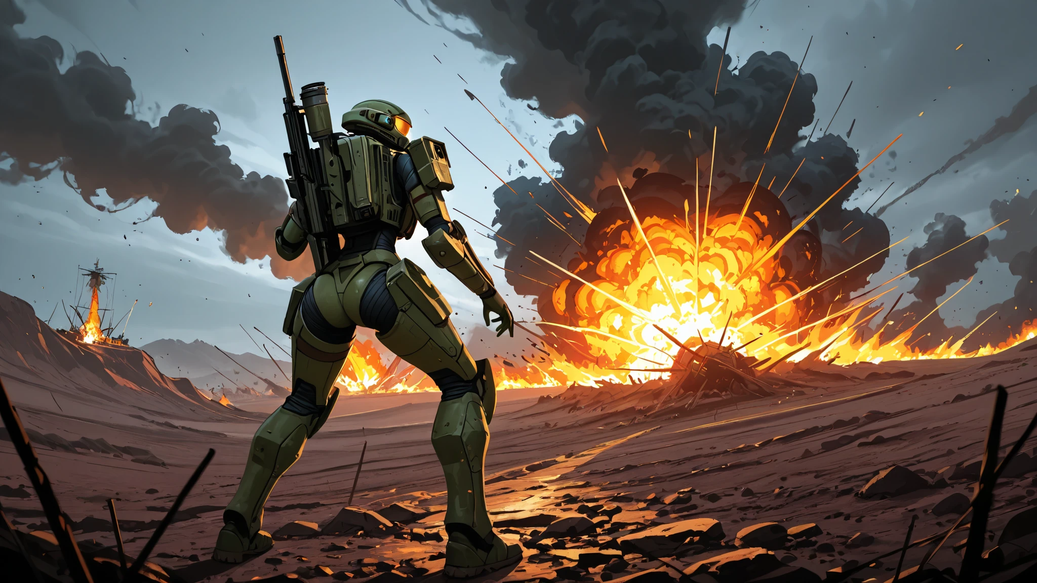 In the foreground is an alien girl looking at the camera, green skin, background The spacecraft crashed, explosionы, fire, deserted land, explosion, the moment of the crash Battlefield, shrouded in thick smoke, обломки будущих технологий и explosionные вспышки с металлическим оттенком динамичный объектив запечатлеть потрясающий момент крушения