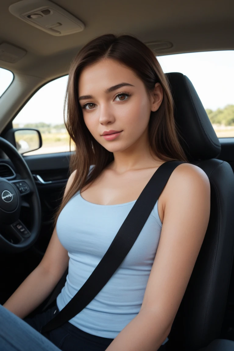 a young woman, in a blue top, full body , beautiful detailed eyes, beautiful detailed lips, wears long, Wears light brown tight jeans with holes in the jeans, her hair is braided, it is evening, sitting in her car with a smile, her hair is tied together, close up of face, is currently sitting in the car, takes a selfie of himself
