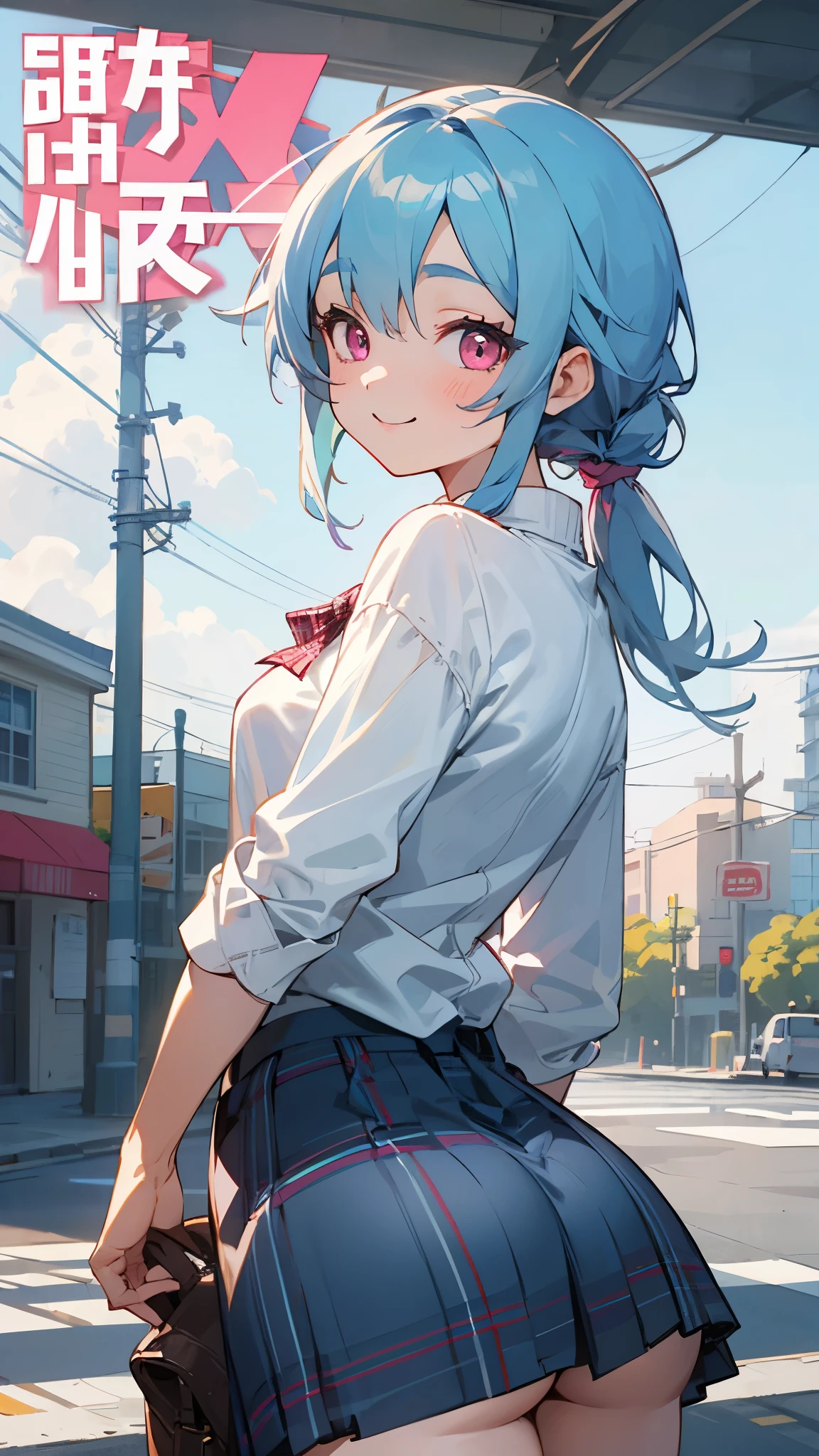 girl、light blue hair tied at the top、pink eyes、smile、cover、small breasts、big ass、Butt view、white blouse shirt、plaid skirt、Knitwear、(colorful)、cowboy shot、Outdoors、morning、cloud、Tall building in the background、Sidewalk、upper body close-up