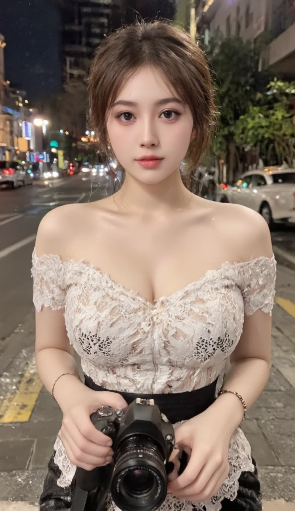 Gorgeus Girl, Beautiful, , 20 Years Old, White Skin, pale skin, large breast, Beside, Sexy Pose, lace night gown, Bokeh, park Background, Masterpiece, asking for a hug, full body Shot, open arms, black Leather Jacket Long Sleeve Zipper