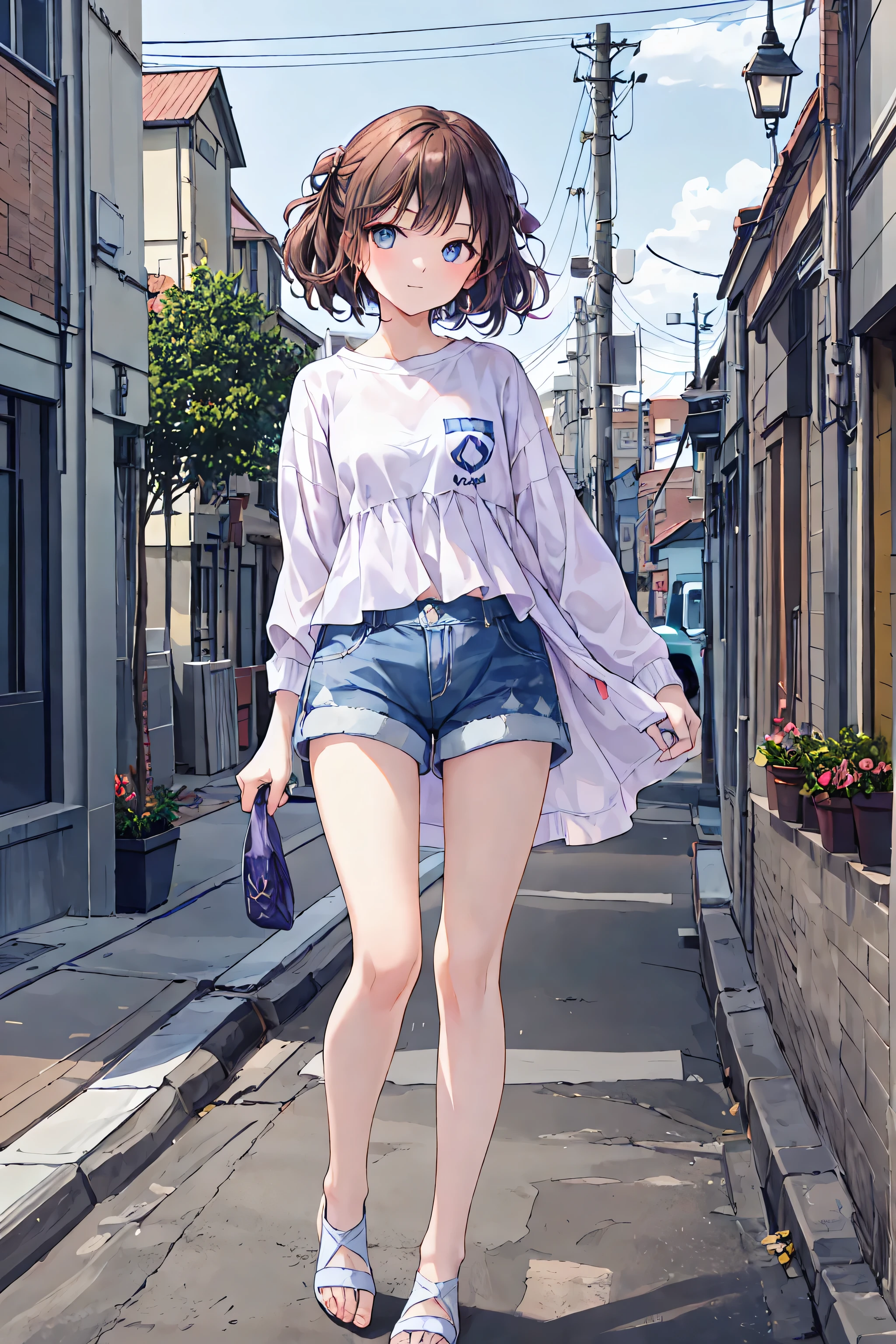 high definition raw color photos , professional shooting, (((((Bokeh))))), written border depth, captured with a sony α7,(masterpiece, top quality: 1.5), from the side:1.3, crouches, 1 beautiful girl, silver hair, (shorts with r :1.3), Summer clothes, hairpins, medium hair, braids, wavy hair, hair, Keep your head small, (Age 15:1.2), Standard weight, :1.2, beautiful alley scenery that will make you laugh , mediterranean cityscape, Spectacular panoramic views,茶hair,Shortcuts,ボサボサのhair,短い編みhair,Neat, slender beautiful woman, correct posture,Small chest,Beautiful Legs,with blue eyes, enchanting gray-blue eyes shine like stars,droopy eyes,bright colors,beautiful eyes,A delicate smile,Textured Skin,best quality, gentle and beautiful woman ,anime style、