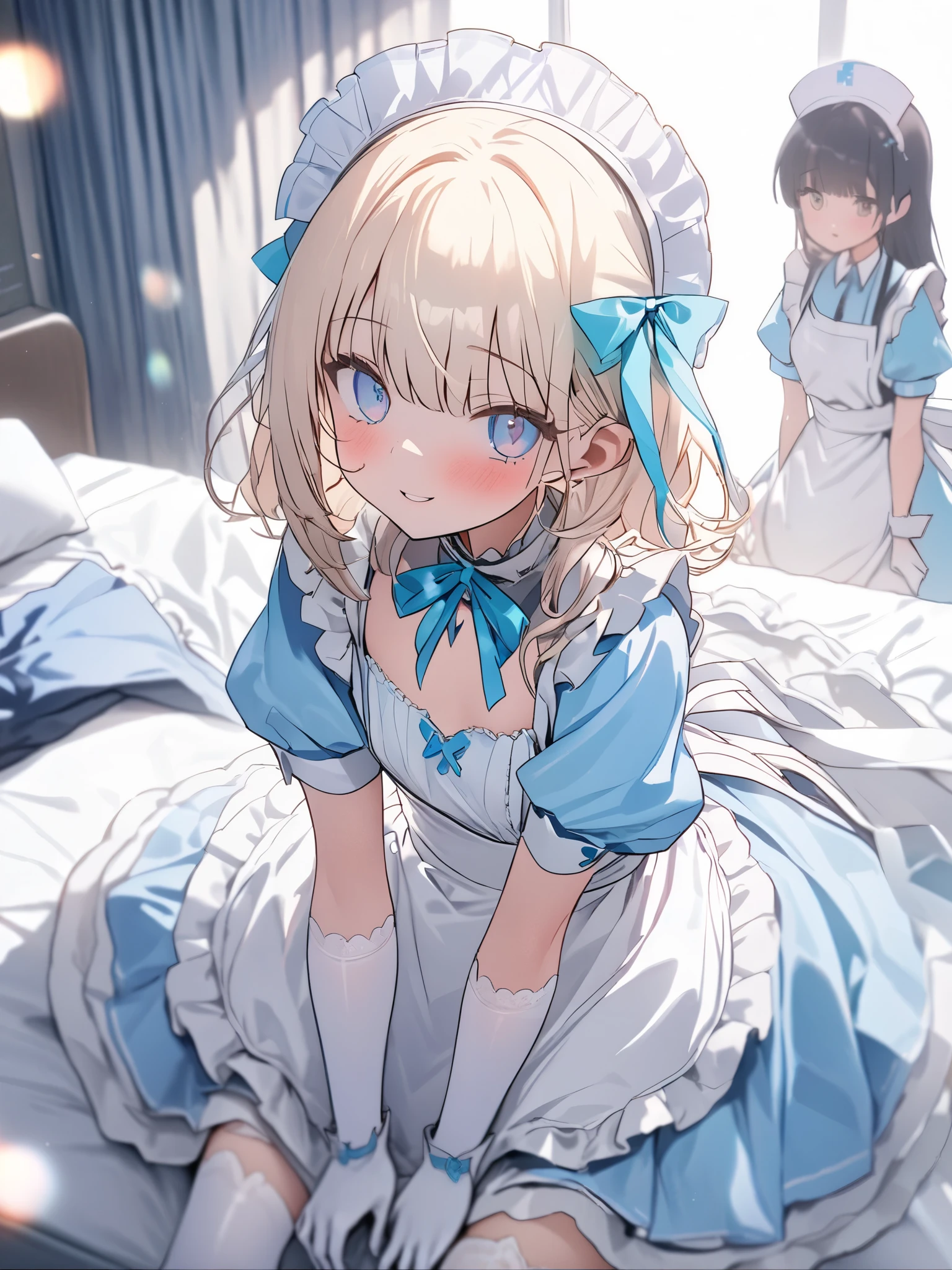 Adorable baby girl with eyes closed, blonde hair, wearing a frilly blue baby bonnet, frilly blue onesie, wearing a frilly white diaper, wearing white stockings, asleep in a crib