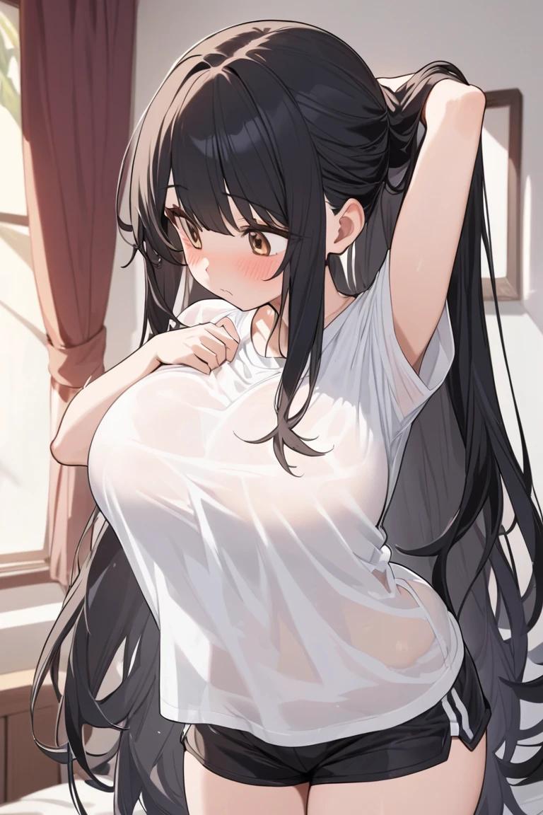(perfect anatomy),(8k,masterpiece:2.0,megami magazine:1.4,best quality, ultra high resolution, ultra-detailed,beautiful illstration),(natural side lighting, movie lighting),nature,(two arms,two hands,two regs,five fingers),1 woman,20 years old,(long hair:2.0,black hair,twin drills,gleaming skin,red eyes,drooping eyes,big eyes,drunken eyes,beautiful detailed eyes),muscular,two huge breasts,sagging breasts,abs,