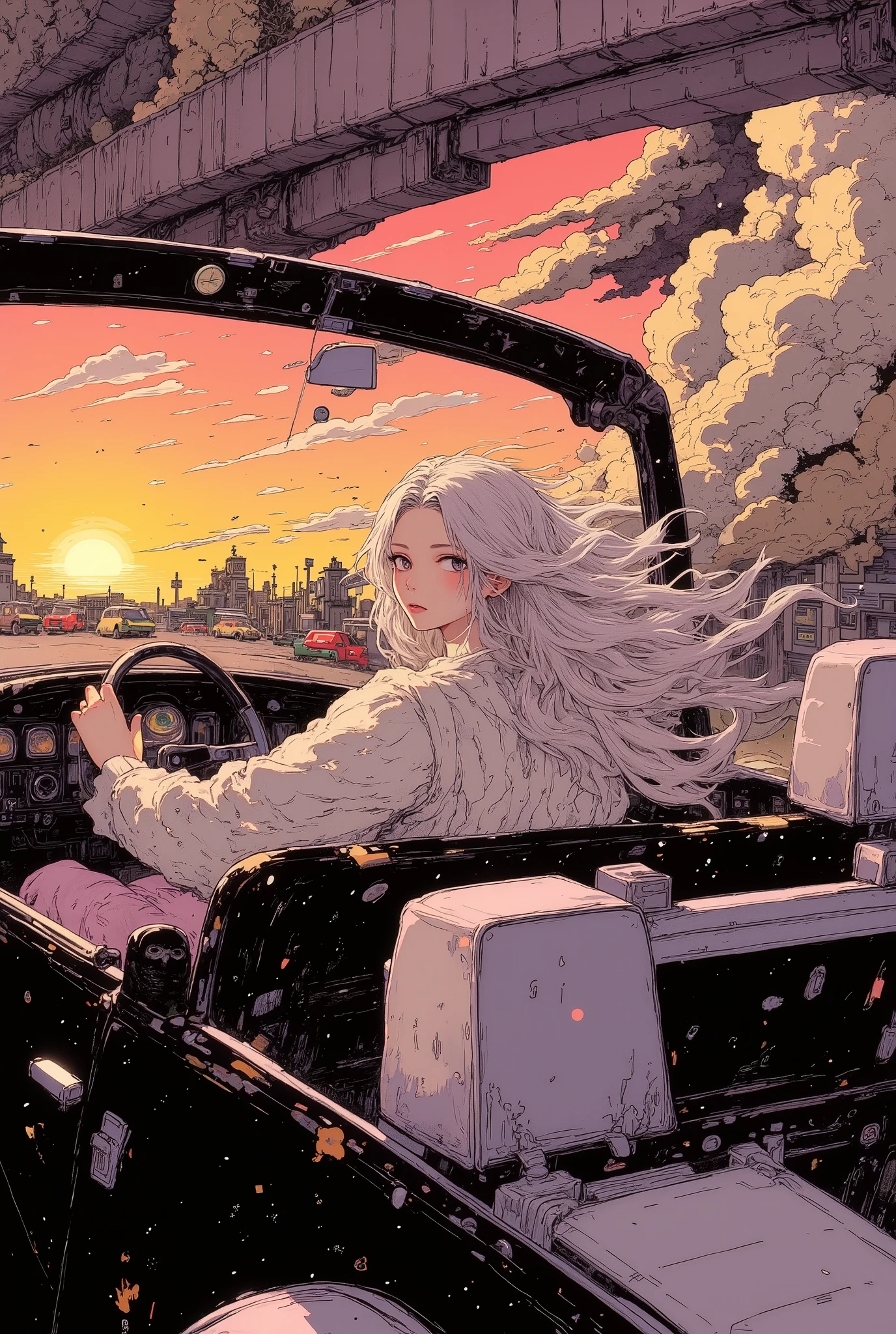 (((dramatic angle))), high Definition model, high detail, Camera angle with face view, (A beautiful woman with her hair flowing is driving a convertible), soft silver medium length hair, (((The textures are soft))), ((matte and toy-like with a handmade premium look)), (((Tim Burton style))), anime style, simple lines, (intricate details:1.1), cars that run towards the sunset, movement, (runing in the wind), (The background is Wind Tunnel:1.6), (motion blur),