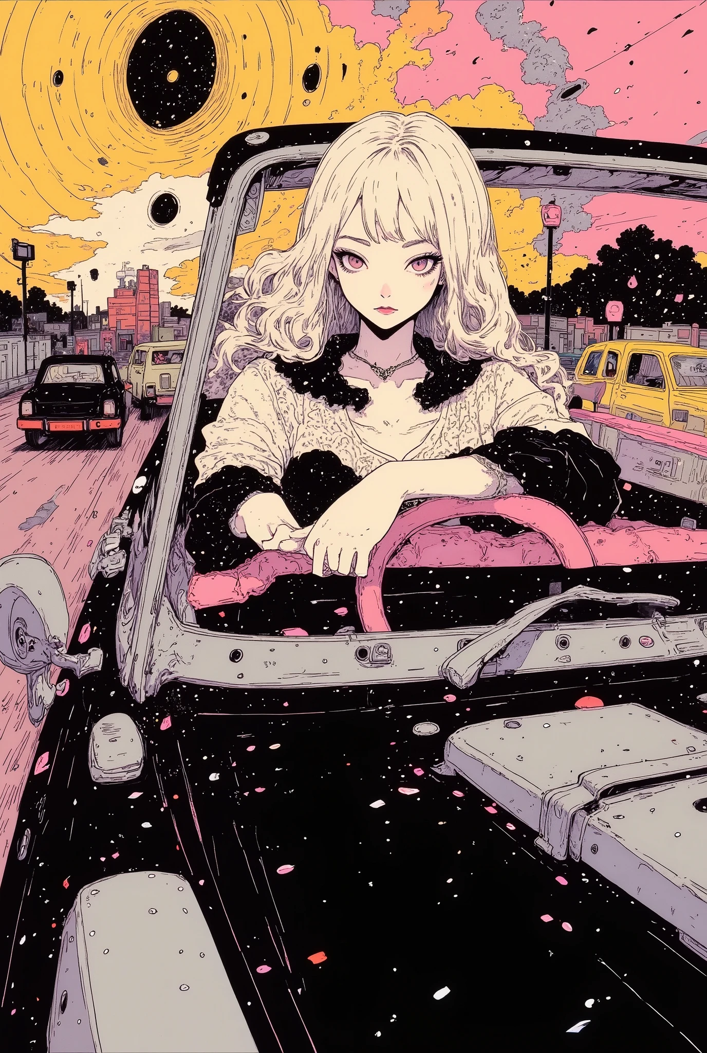 (((dramatic angle))), high Definition model, high detail, (A beautiful woman with her hair flowing is driving a convertible), No front window of the car, soft silver medium length hair, (((The textures are soft))), ((matte and toy-like with a handmade premium look)), (((Tim Burton style))), anime style, simple lines, (intricate details:1.1), cars that run towards the sunset, movement, (runing in the wind), (The background is Wind Tunnel:1.6), (motion blur), the car is arranged in a position based on the golden ratio,