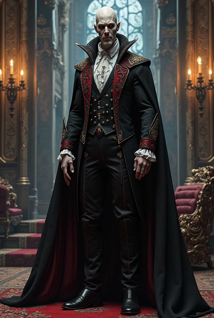 Blonde Man Age 20 years old, with red eyes, angry face, Barba Grande, 1720s A King in the case. Outfit with a red and black king's overcoat, a belt with a skull.