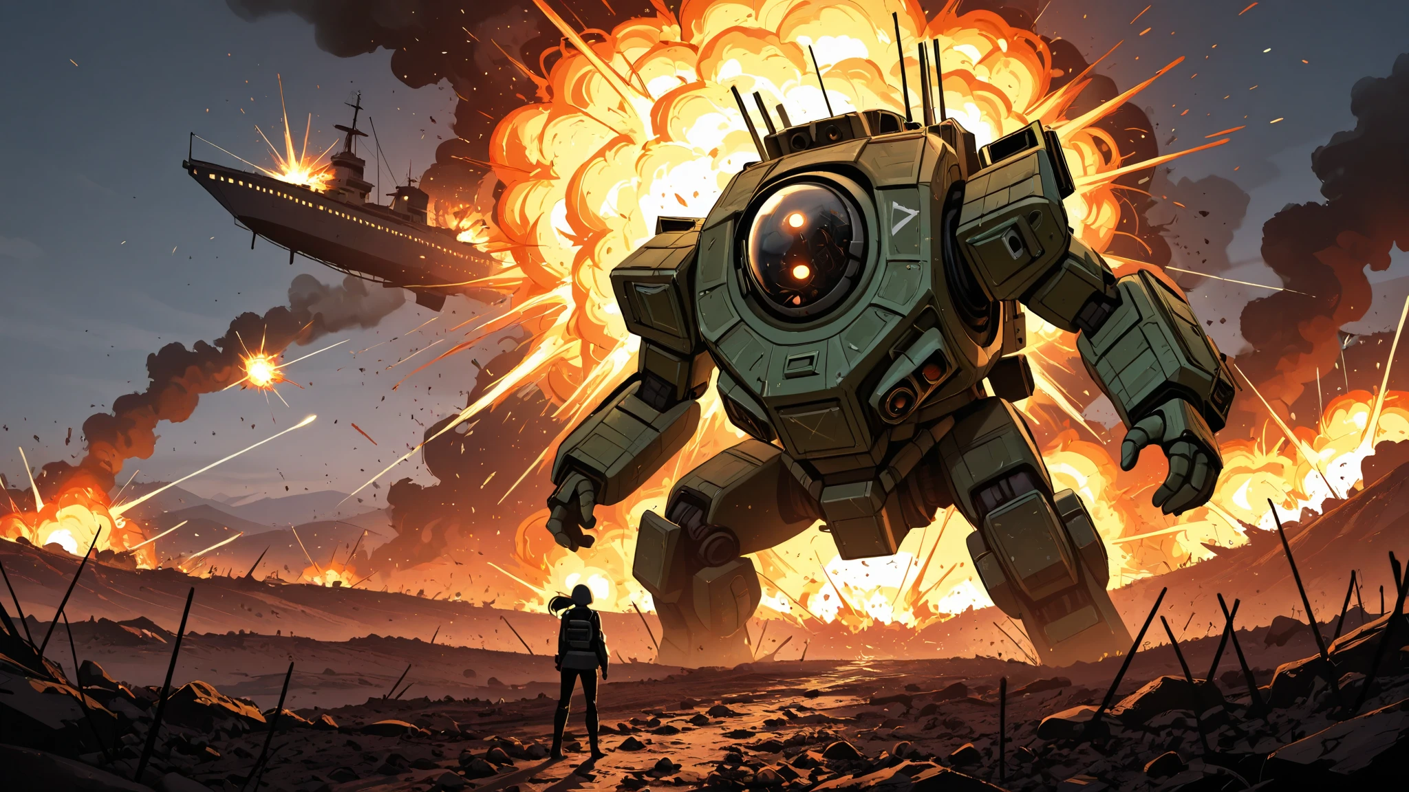 In the foreground is an alien girl looking at the camera, green skin, background The spacecraft crashed, (A ship of enormous size), explosionы, fire, deserted land, explosion, the moment of the crash Battlefield, shrouded in thick smoke, обломки будущих технологий и explosionные вспышки с металлическим оттенком динамичный объектив запечатлеть потрясающий момент крушения