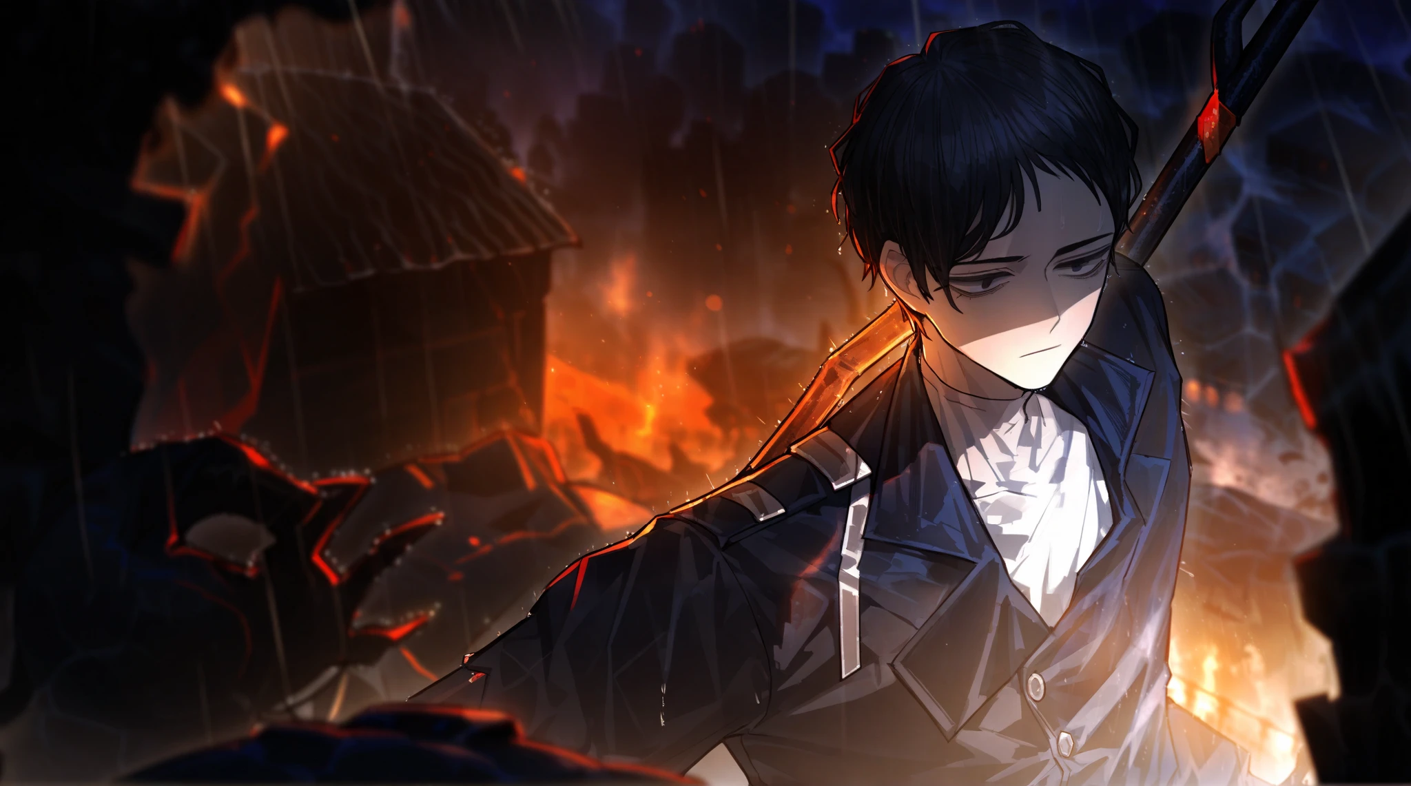 1man, boy, male, black hair, short hair, unkempt hair, Captain attire, close up, solo, dark blue outfit, high resolution, raining, Masterpiece, detailed, ((projectmoon)), skinny, trident on back