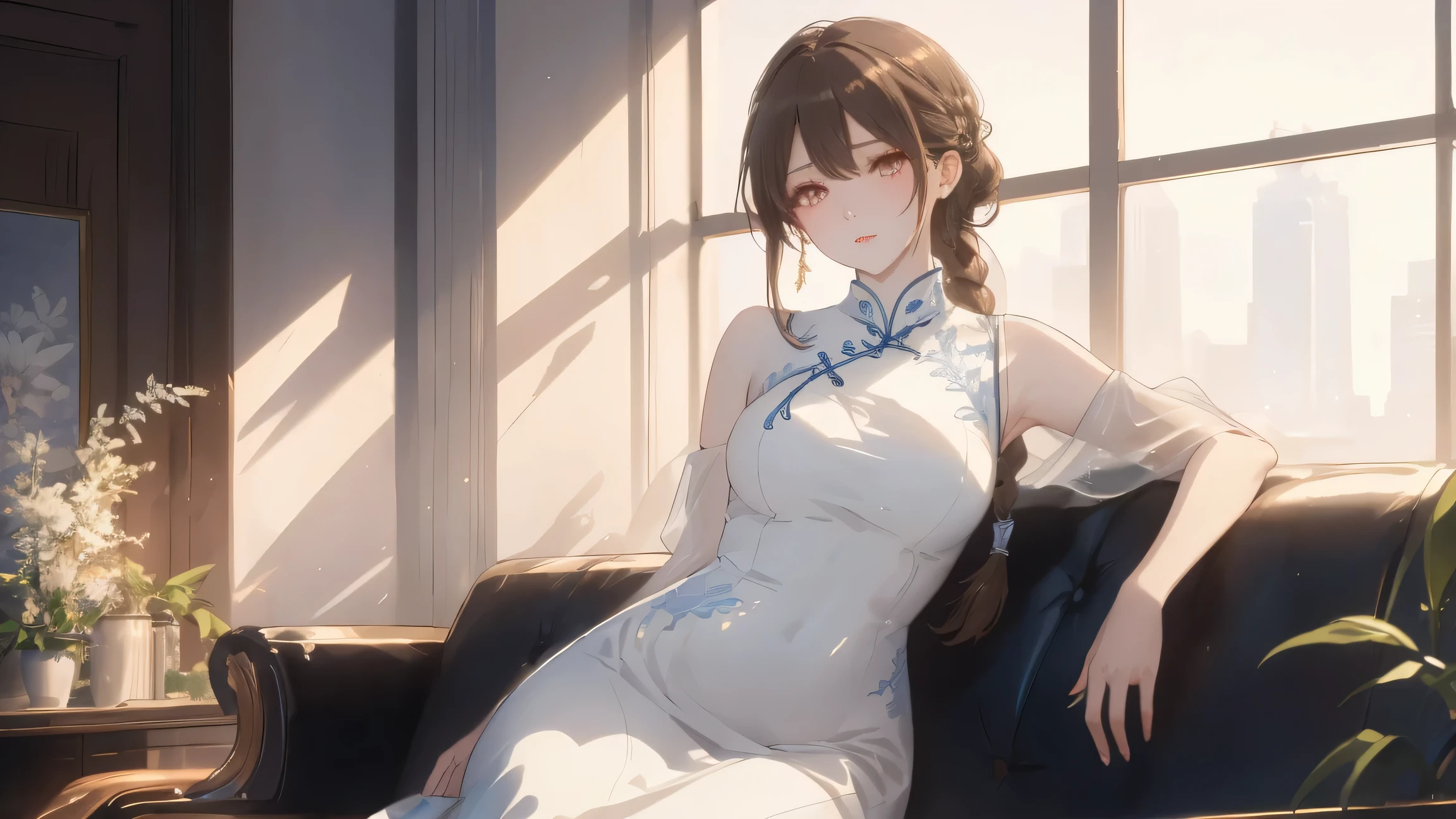 Masterpiece, Best Quality, Top Quality, Very Detailed, Beautiful anime girl, long light brown hair tied in braid, glowing amber eyes, wearing elegant modern white cheongsam dress, sitting gracefully on a leather sofa, night cityscape visible through large glass windows, soft blue ambient light, detailed background with indoor plant and soft shadows, delicate facial features, calm and confident expression, cinematic lighting, ultra detailed, smooth skin, high quality, masterpiece, best quality