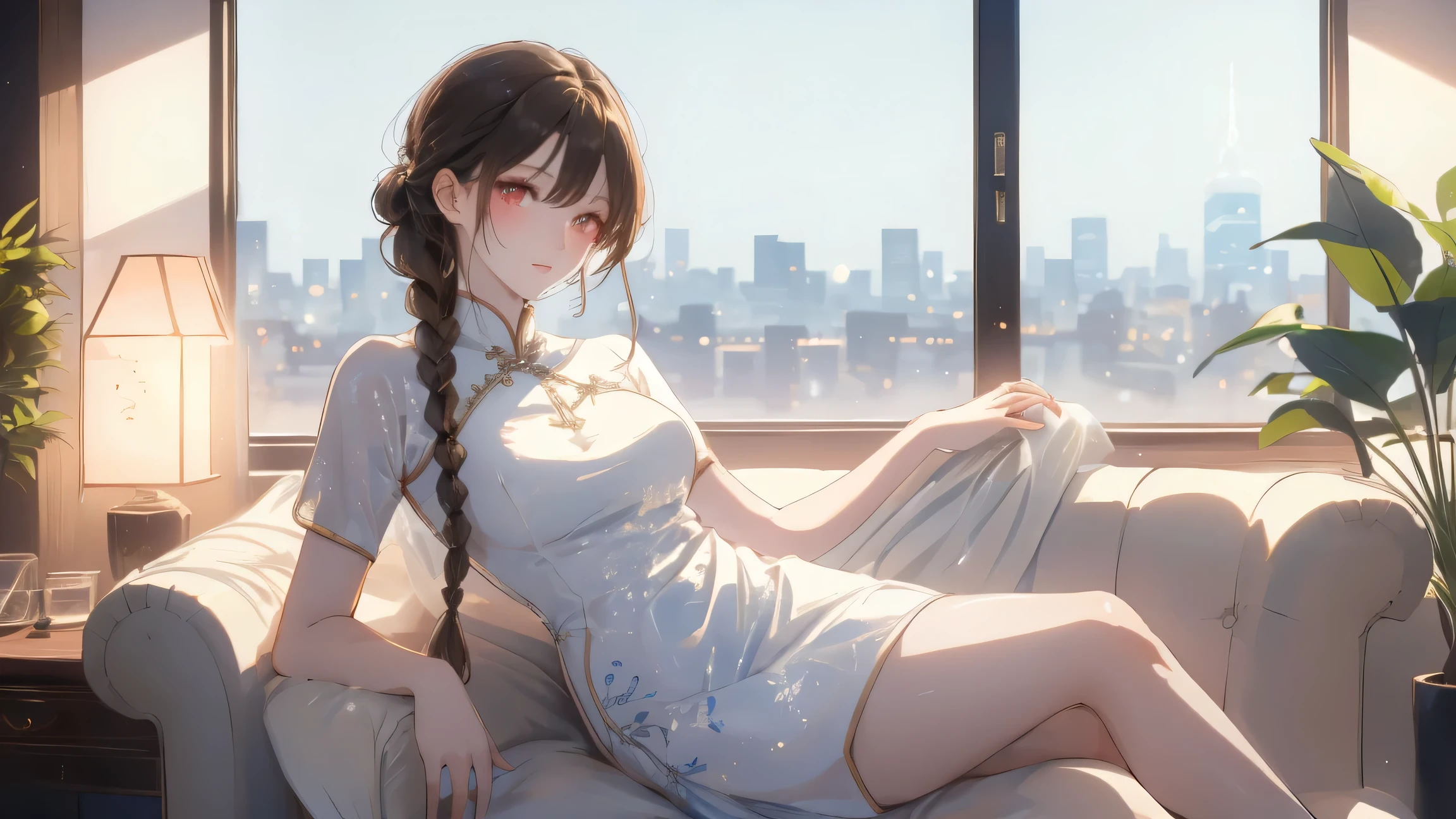 Masterpiece, Best Quality, Top Quality, Very Detailed, Beautiful anime girl, long light brown hair tied in braid, glowing amber eyes, wearing elegant modern white cheongsam dress, sitting gracefully on a leather sofa, night cityscape visible through large glass windows, soft blue ambient light, detailed background with indoor plant and soft shadows, delicate facial features, calm and confident expression, cinematic lighting, ultra detailed, smooth skin, high quality, masterpiece, best quality