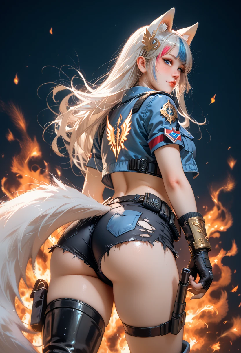highest quality, billie eillish, masterpiece, perfect anatomy, 35 years old, european girl, in a revealing bunny costume with a shotgun on his shoulder, in imaginary space, from behind --auto --s2