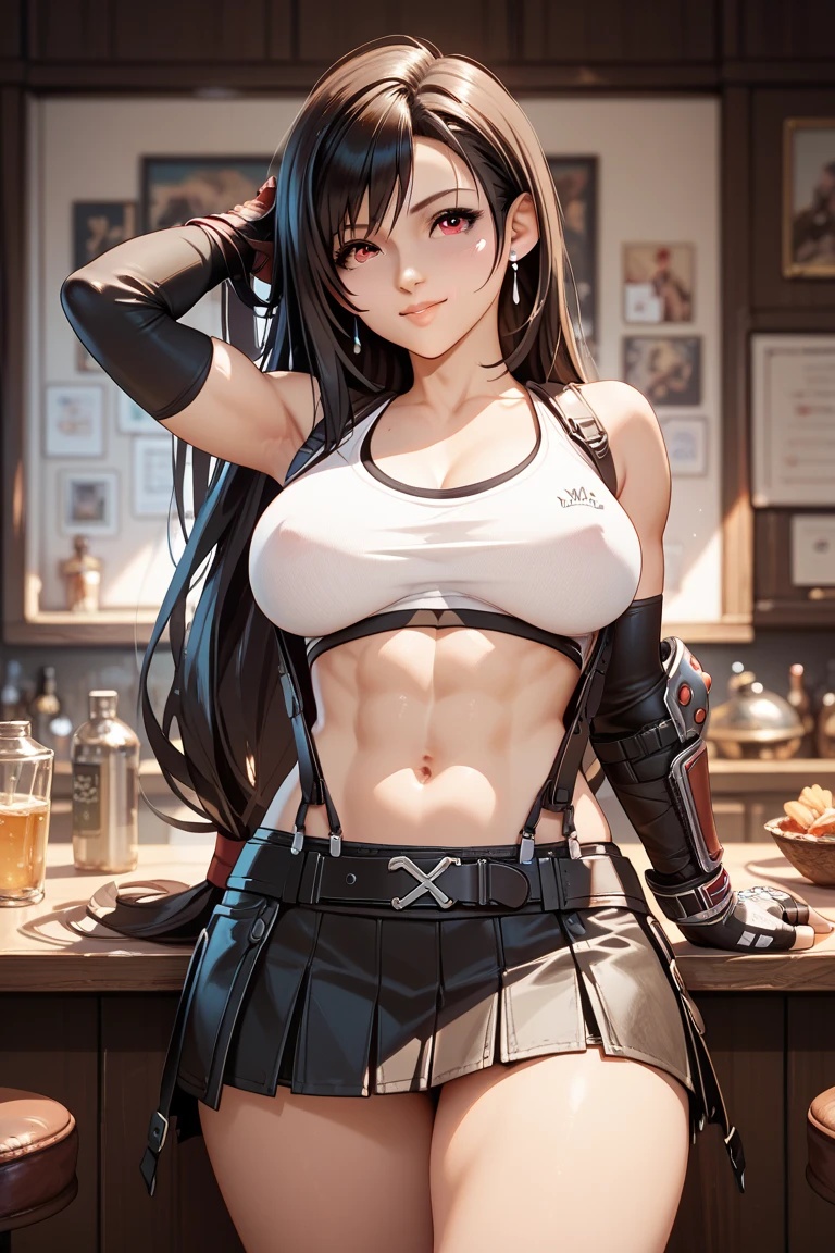 (masterpiece:1.2), (Military uniform magazine cover:1.4),best quality,PIXIV,Sweet girl , sexy posture,1girl, (perky chest:1.2), rolling upskirt by wind:1.6, (with sparkling eyes and a contagious smile),open mouth, (pointed chest:1.2),fishnets, black hair, boots, long hair, black nails, skirt, shirt, solo, black footwear, bag, black skirt, jewelry, jacket, on head, black jacket, thigh strap, bangs, necktie, earrings, nail polish, multicolored hair, looking at viewer, full body, bottle, own hands together, belt, jacket on shoulders, food, cats on head, black necktie, ring, choker, english text, collared shirt, blue eyes, platform boots, hat, lace-up boots ,masterpiece、highest quality、Very detailed、An illustration、Beautiful fine details、One Girl、cute、Detailed landscape、Training Room Background:1.4、Platinum Blonde Hair、Braided Ponytail、Red camisole、((D cup breasts, Tank top showing underboob:1.3))
