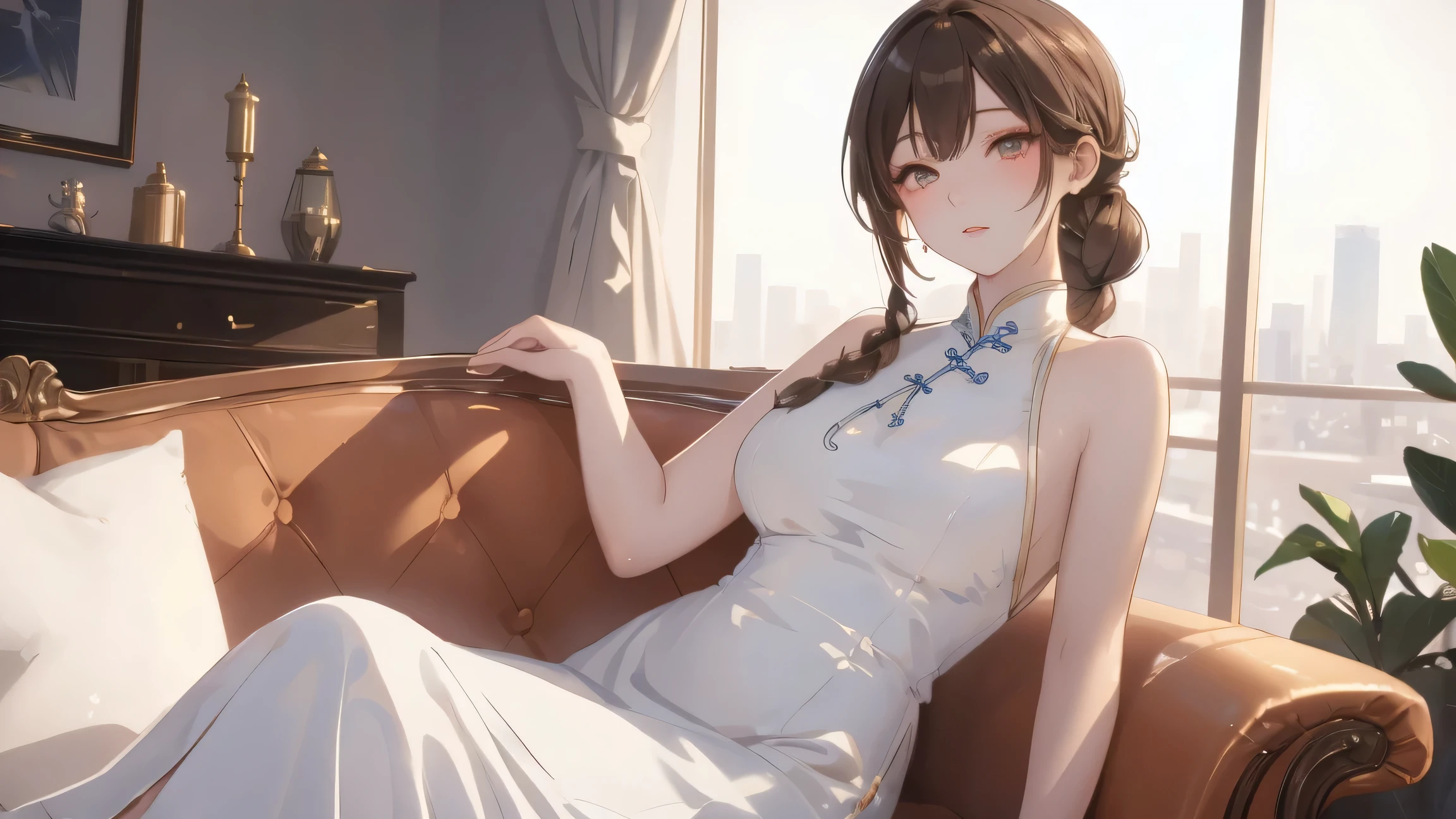 Masterpiece, Best Quality, Top Quality, Very Detailed, Beautiful anime girl, long light brown hair tied in braid, glowing amber eyes, wearing elegant modern white cheongsam dress, sitting gracefully on a leather sofa, night cityscape visible through large glass windows, soft blue ambient light, detailed background with indoor plant and soft shadows, delicate facial features, calm and confident expression, cinematic lighting, ultra detailed, smooth skin, high quality, masterpiece, best quality