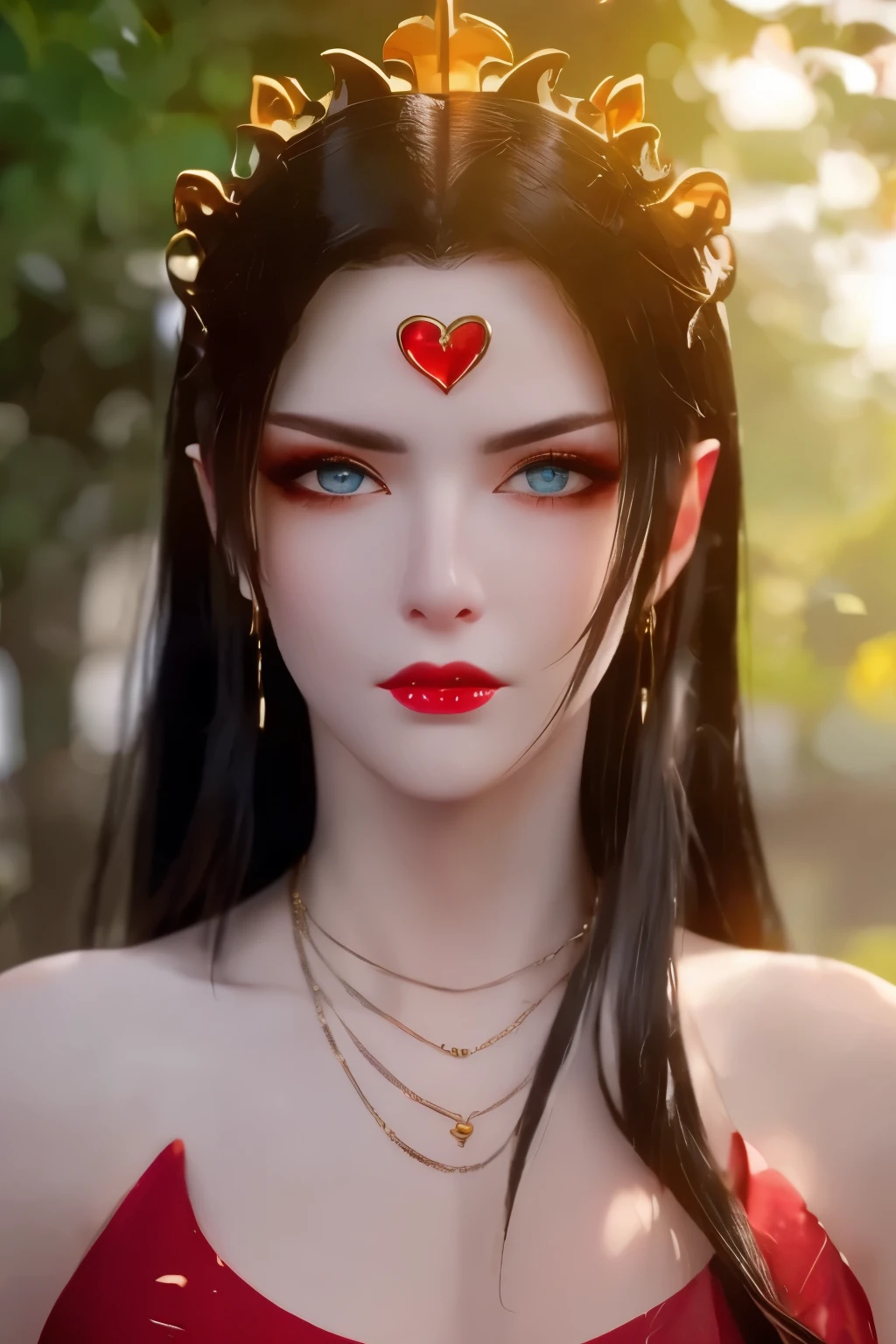 One 20 year old girl, breast 1.1, navel,upper body,bare shoulders,wears red tube top,red skirt, blue gems,shiny skin,hand in own hair,(mature female),milf,cai lin, deep blue eyes, jet black long hair, 8k resolution high quality,background: around the garden surrounded by Sakura trees with fluttering sakura petals, from head to thighs, hourglass figure, bare round shoulders, exposed midriff, a tilak on her forehead,ornamental logo on her forehead, snake crown, necklace, earings with blue gem, long black hair bangs, pointy ears,golden bracelet,Bright lightening under the sun through sakura canopy. High quality 16k resolution,( HDR :1.5), cinematic look, ultra-detailed,ultra lightening, (photorealistic :1.2), long thin straight eyelashes, dense black eyelashes,sharp eyes, diamond shaped head, straight nose, closed heart shaped lips, lean in pose, front view pose looking at viewer
