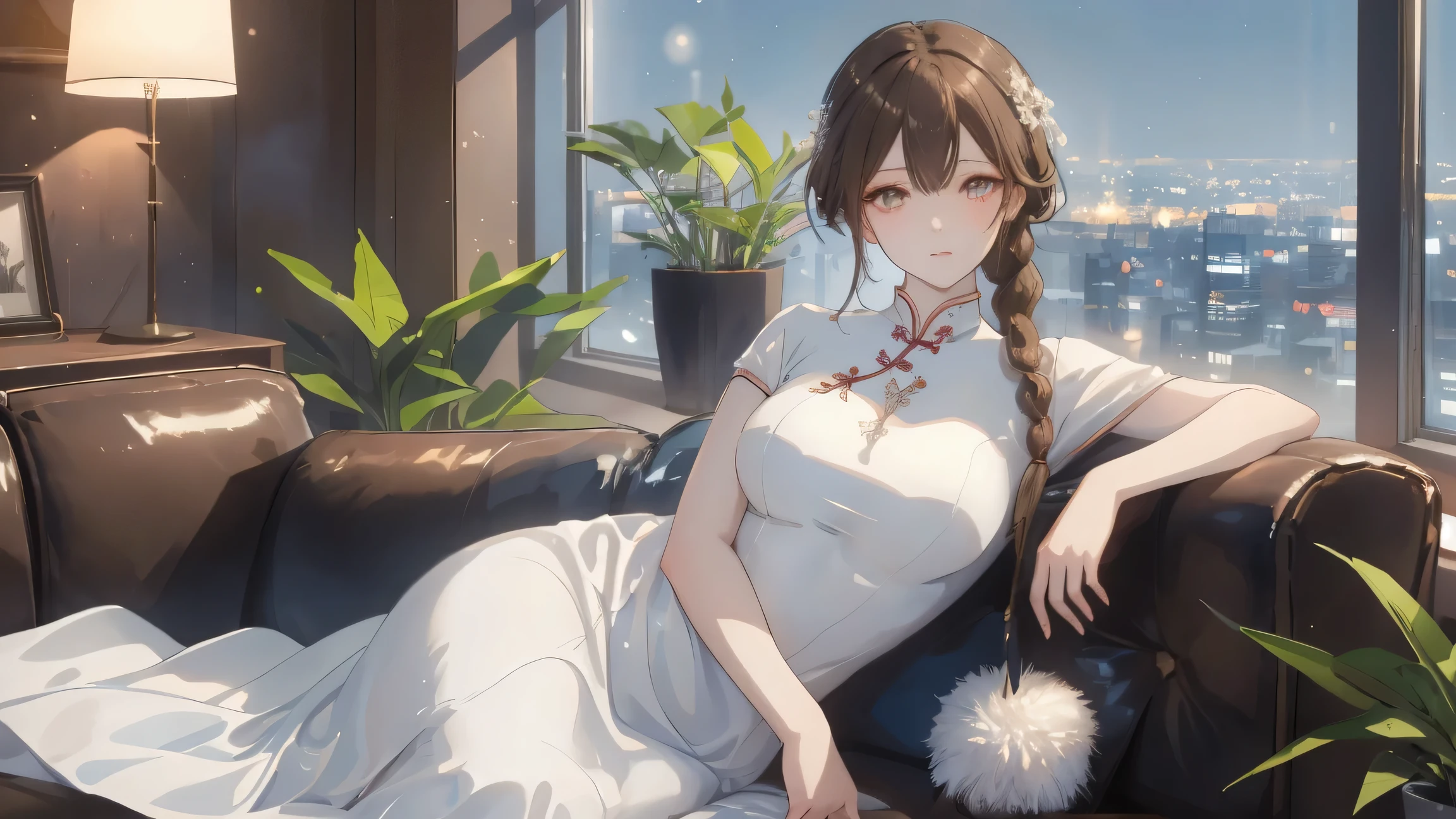 Masterpiece, Best Quality, Top Quality, Very Detailed, Beautiful anime girl, long light brown hair tied in braid, glowing amber eyes, wearing elegant modern white cheongsam dress, sitting gracefully on a leather sofa, night cityscape visible through large glass windows, soft blue ambient light, detailed background with indoor plant and soft shadows, delicate facial features, calm and confident expression, cinematic lighting, ultra detailed, smooth skin, high quality, masterpiece, best quality