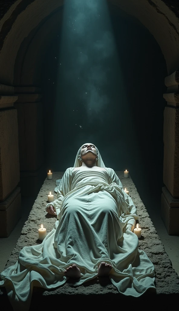 a Sacrificial beautiful woman lying on a stone altar in a dark cave, a group performing a dark ritual, extremely detailed, intricate detail, cinematic lighting, dramatic shadows, occult, mystical, chiaroscuro lighting, dark fantasy, painting, digital art