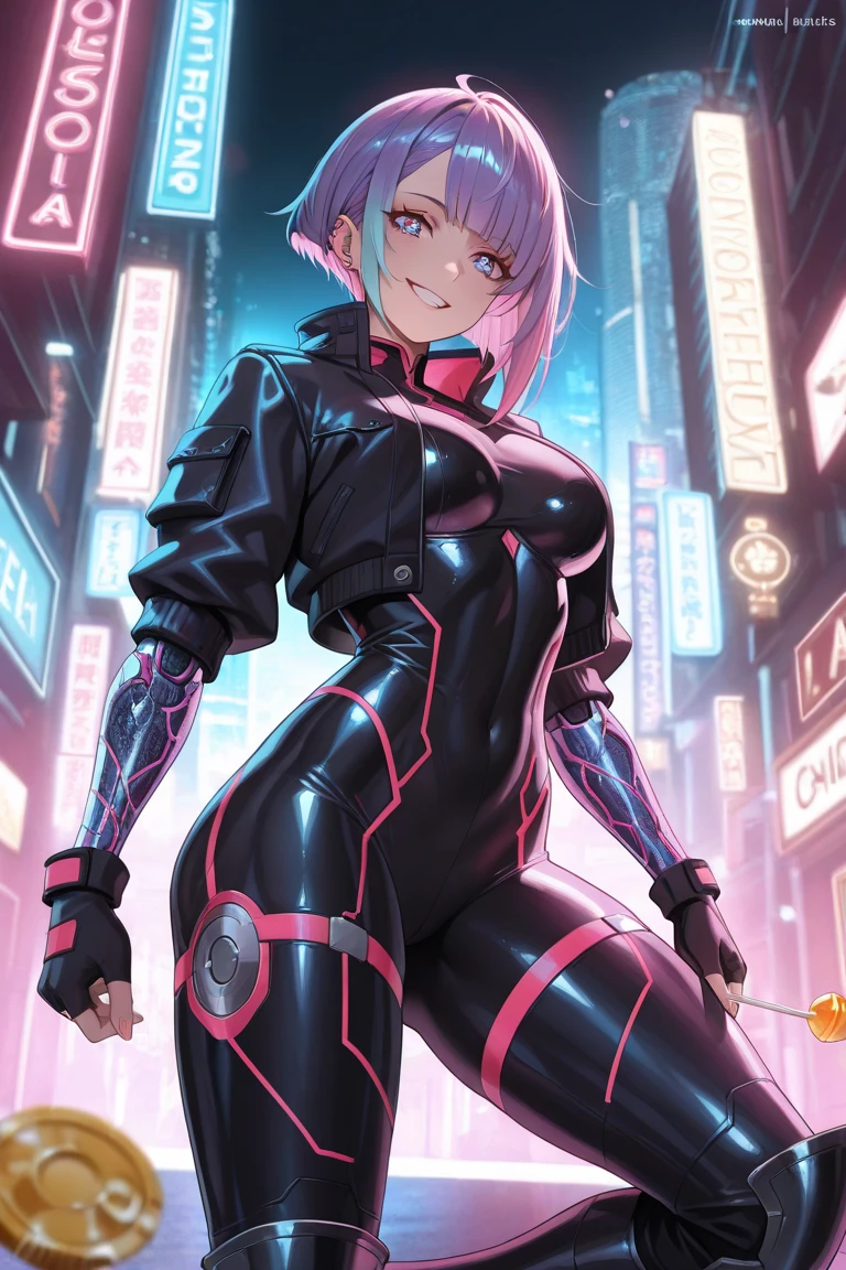 Highest quality, Highest quality, High quality illustrations, masterpiece, Ultra-high resolution, Detailed Background, cyber-, Absurd, Perfect Anatomy, performance, Good lighting, Shadows in the movies(kemono, Furry Personifi猫ion), Rubber suit, latex, neon, neonライト, neonカラー, Racing Suits, Harness