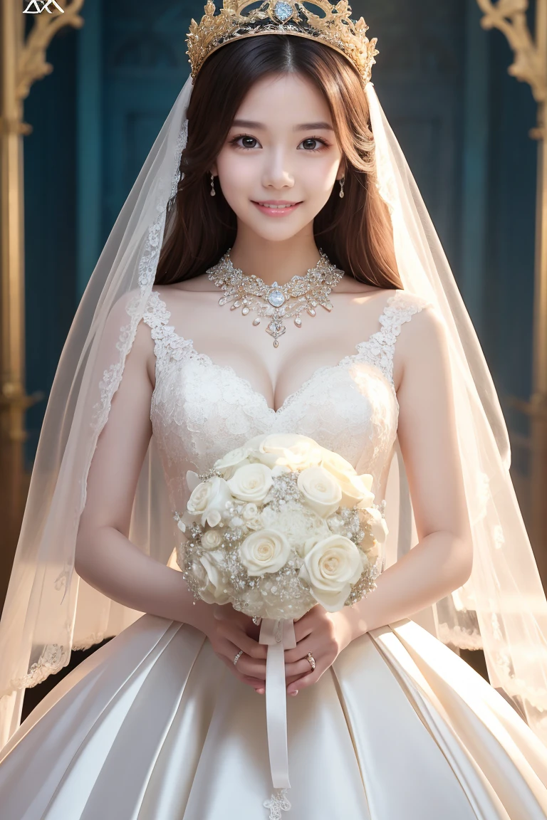 One Girl, 1 person,Highest quality,High resolution,超High resolution,8k,Realistic,Upper Body,encounter_audience,Large Breasts, the body is slim,(Wedding Dress:1.2),