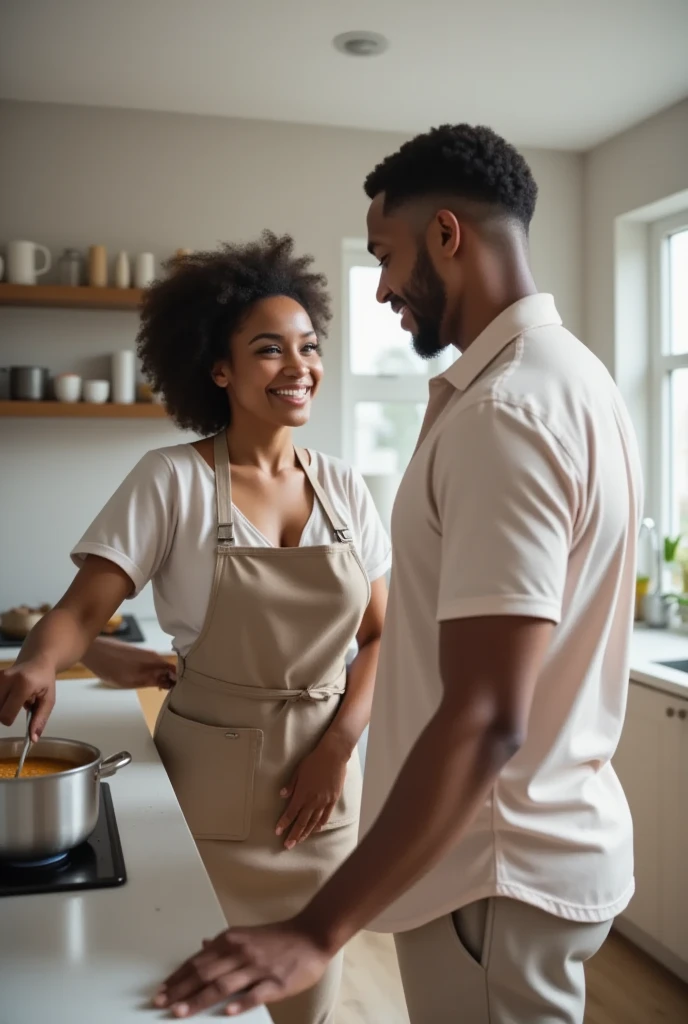 realistic photography, beautiful Indonesian woman, 51 years old, wearing a white towel, sitting on the table, in a clean kitchen, tattooed on her chest with the word "Khaito", giving a kiss to an African American man with colorful dreadlocks, 22 years old, together sipping a cup of coffee which spilled a little on their bodies, hair a little wet, looking at each other smiling happily