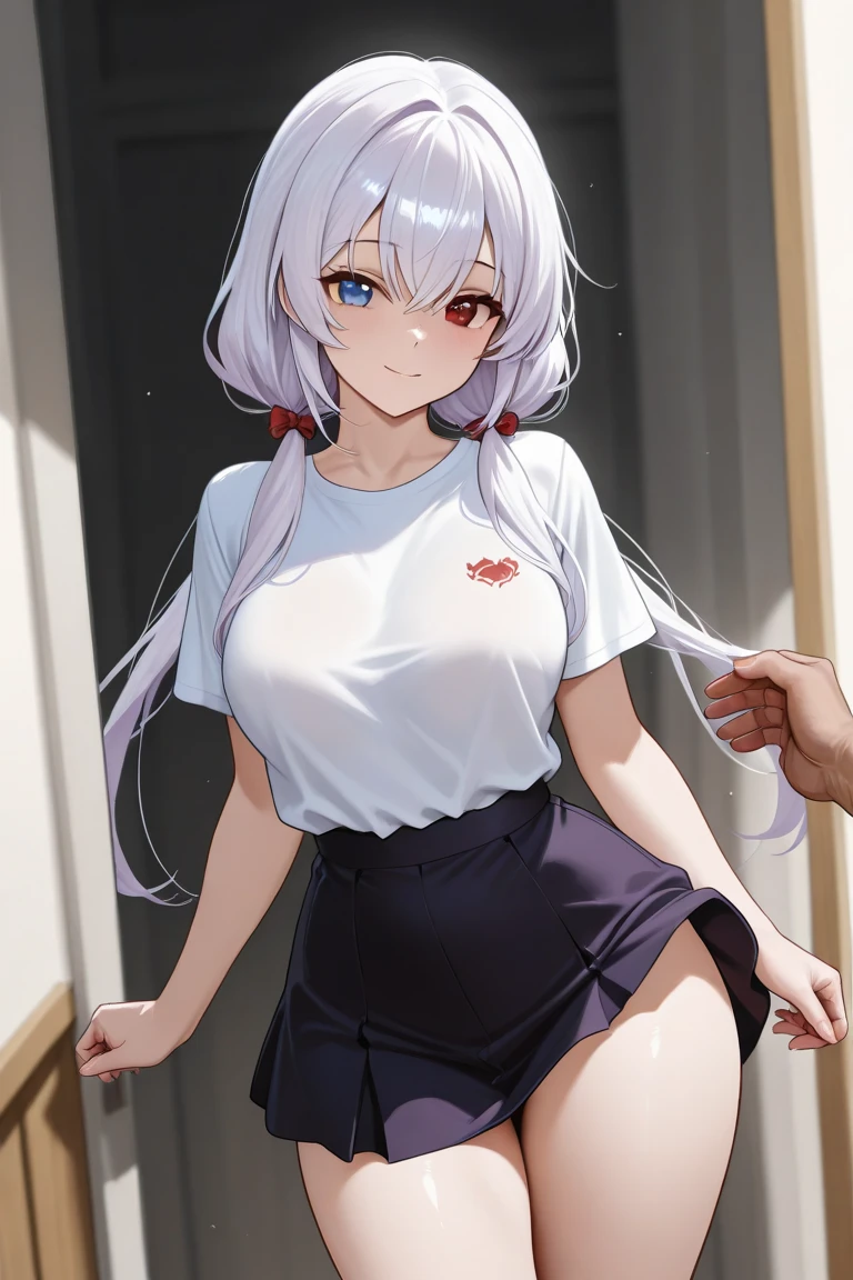 NSFW, Mutsuki, Mutsuki_Blue_Archive, long hair, white hair, playful, smug, sweaty, bright smile, flat breasts, small breasts, nurse outfit, teasing, giggle, upskirt, lifting dress, no panties, cunny, pussy, sticky
