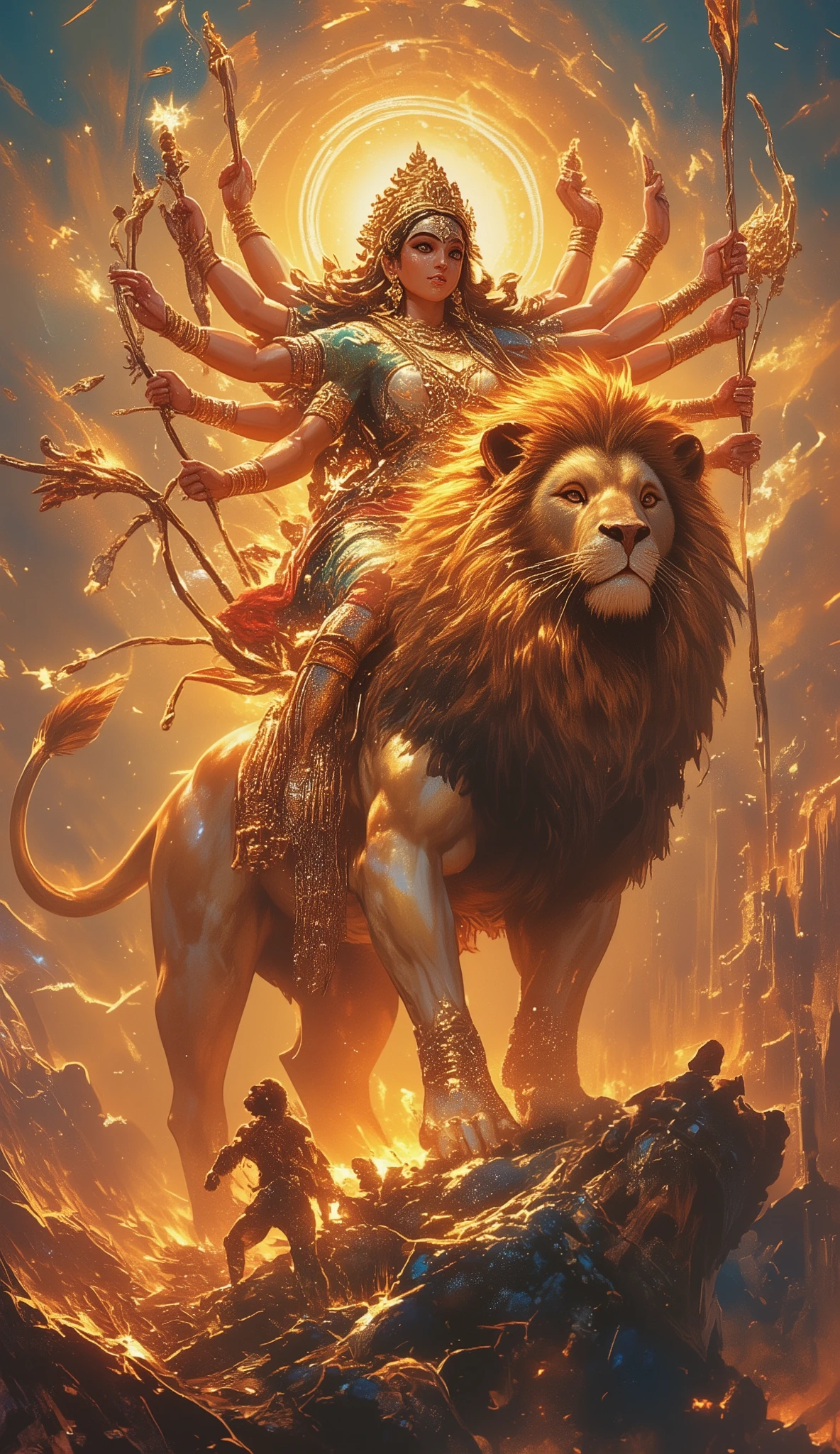 ma durga beautiful pictures with lion 8ka highly detailed, photorealistic, 8K digital painting of the Hindu goddess Maa Durga, depicted as a beautiful and powerful female figure with multiple arms, riding a majestic lion, set against an intricate and ornate background with elements of Indian mythology, dramatic lighting, vivid colors, and a sense of divine presence, masterpiece, ultra-detailed,physically-based rendering,professional,hdr,sharp focus,vibrant colors,cinematic lighting
