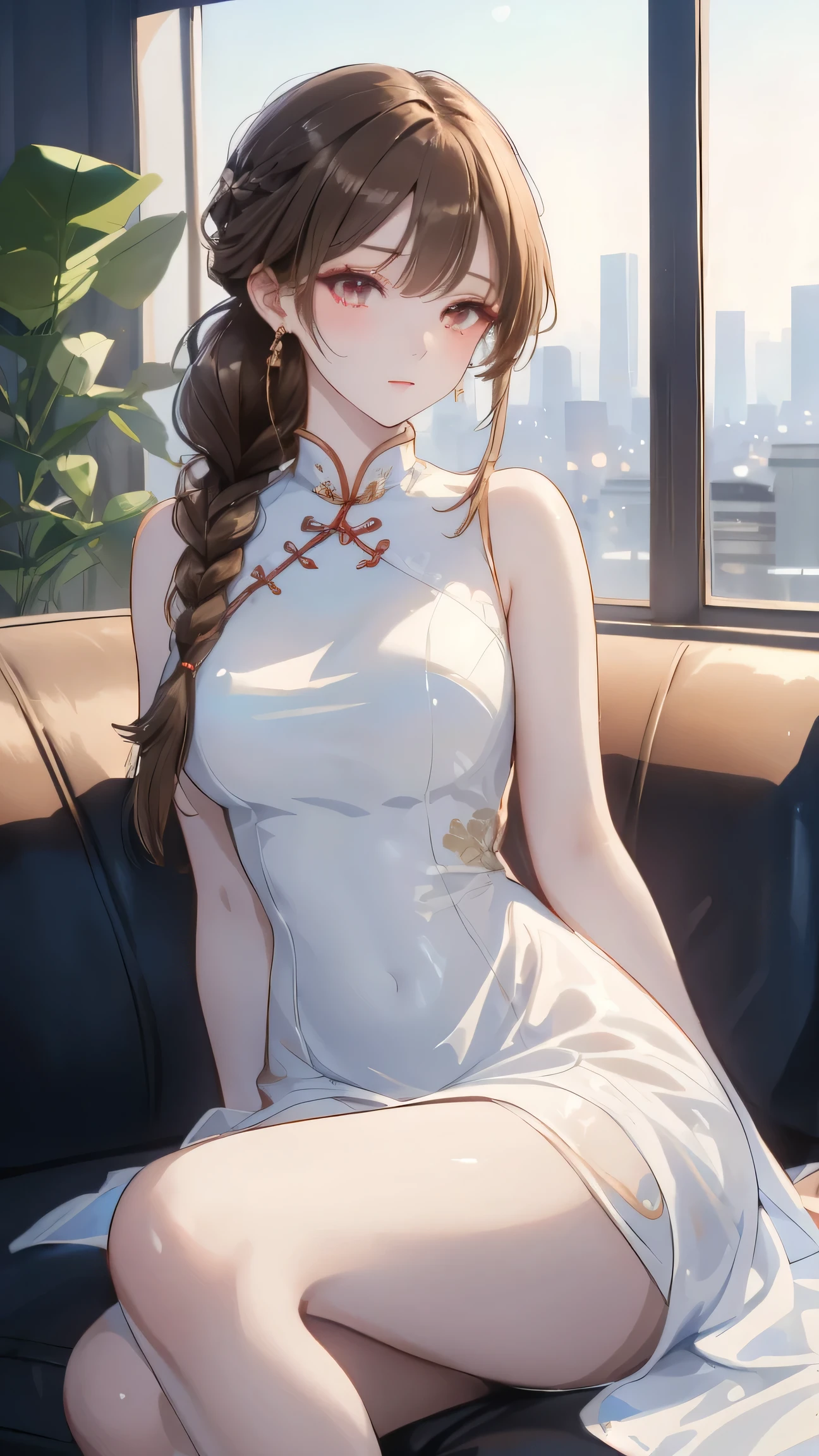 Masterpiece, Best Quality, Top Quality, Very Detailed, Beautiful anime girl, long light brown hair tied in braid, glowing amber eyes, wearing elegant modern white cheongsam dress, sitting gracefully on a leather sofa, night cityscape visible through large glass windows, soft blue ambient light, detailed background with indoor plant and soft shadows, delicate facial features, calm and confident expression, cinematic lighting, ultra detailed, smooth skin, high quality, masterpiece, best quality