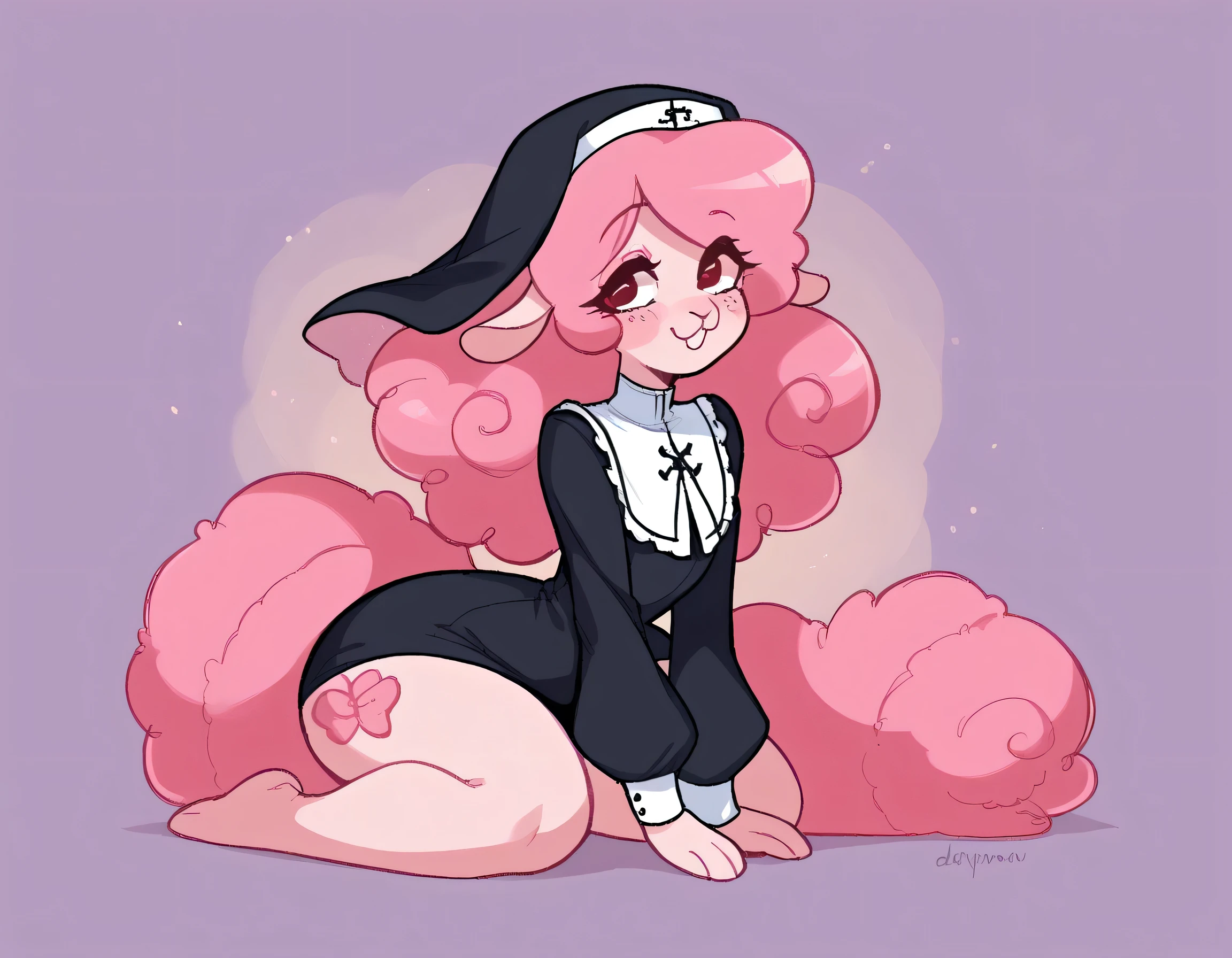 better quality, very detailed illustration , solo, ( Anthropomorphic furry sheep:1,7), ruffled voluminous bouncy hair , playful look, delgado, ideal body, thin waist , wide hips, simple drawing, Artifyber style , pastel flat colors , beautiful, cartoon ,solo, short curly pink hair, nun outfit, fluffy tail, ram horns, seductive pose, femboy