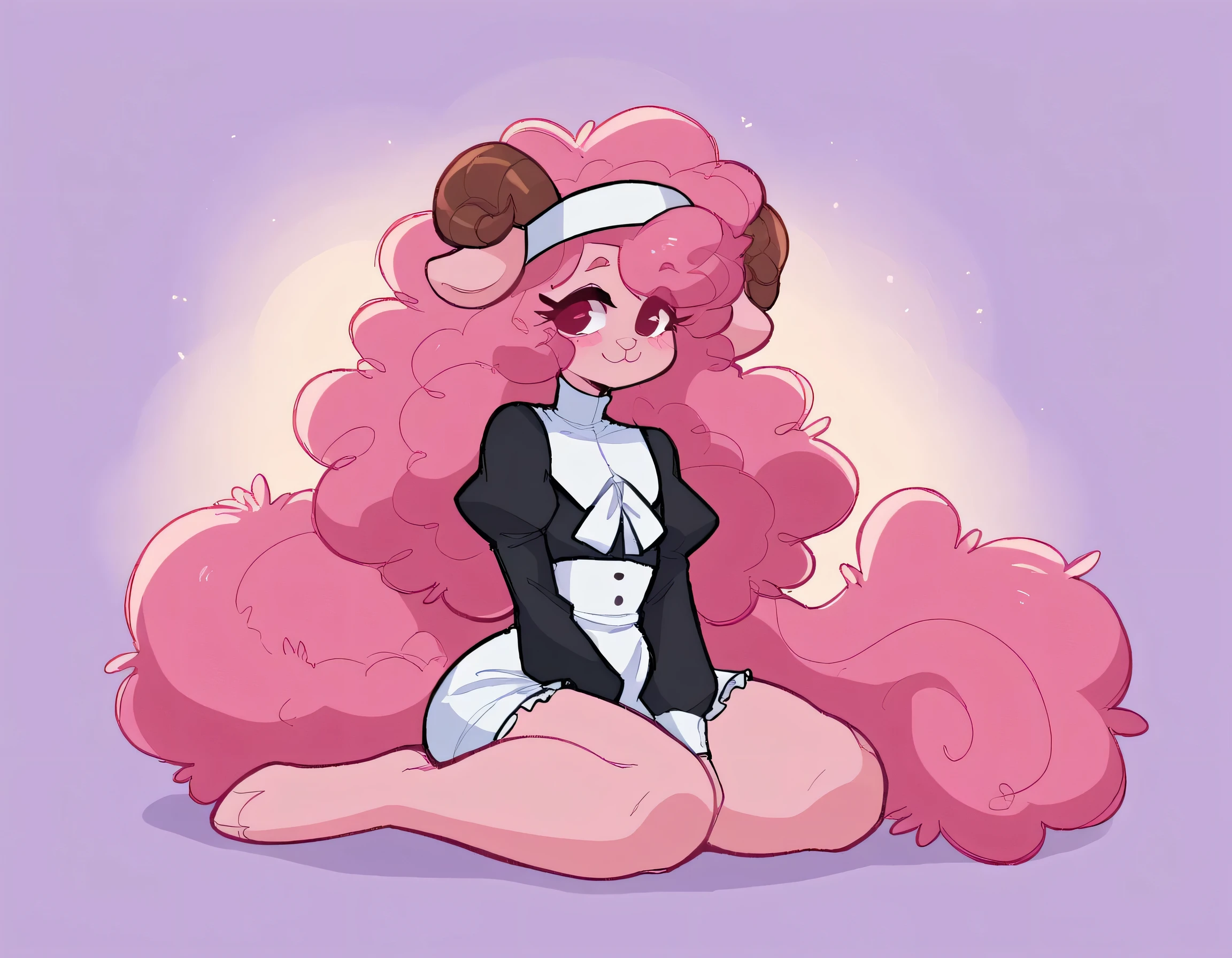 better quality, very detailed illustration , solo, ( Anthropomorphic furry sheep:1,7), ruffled voluminous bouncy hair , playful look, delgado, ideal body, thin waist , wide hips, simple drawing, Artifyber style , pastel flat colors , beautiful, cartoon ,solo, short curly pink hair, nun outfit, fluffy tail, ram horns, seductive pose, femboy