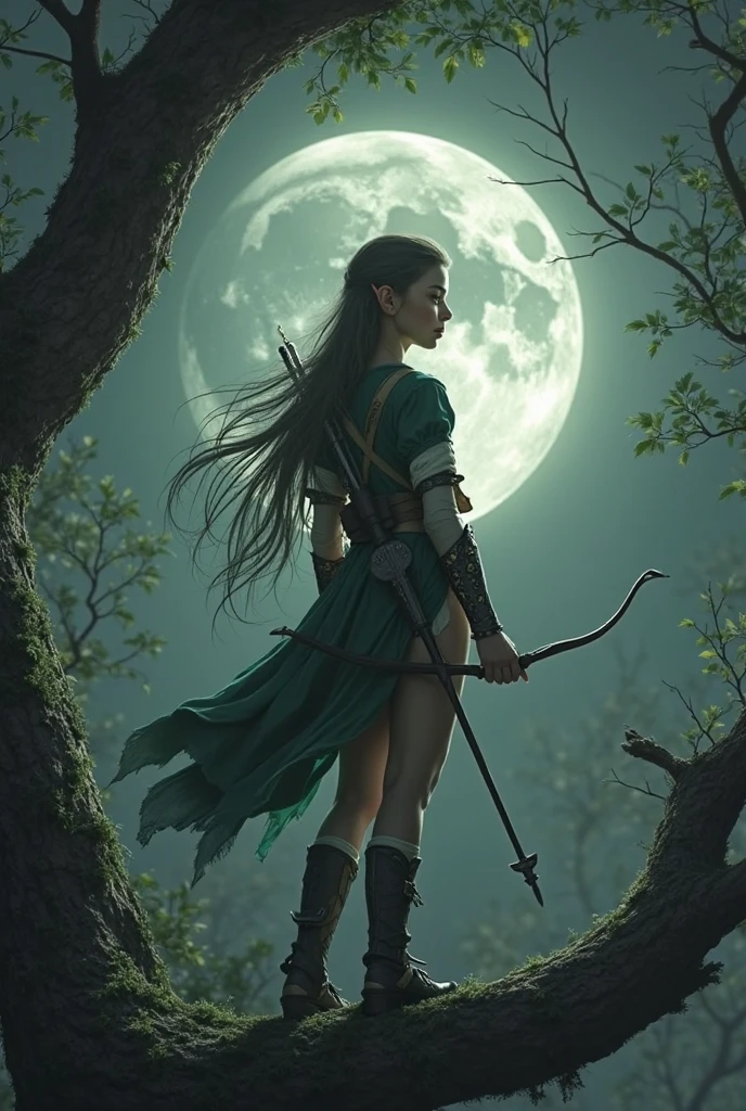 Highest quality Fantasy A young female hunter looking up at a large tree Bonfire rabbit The background is a night forest Crescent Moon