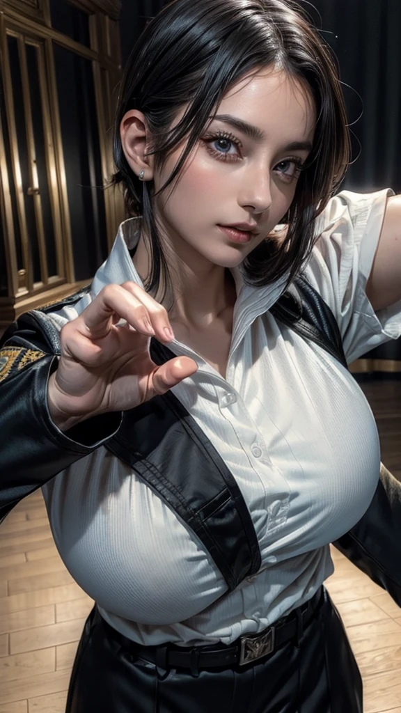 masterpiece, hot shot, ((best quality)), absurdres, perfect antomy, Tae Takemi, (Small smile), necklace, choker, dress, (Big breasts:1.3), braless, defined abdomen, labcoat, standing, doctor office background, sexy pose