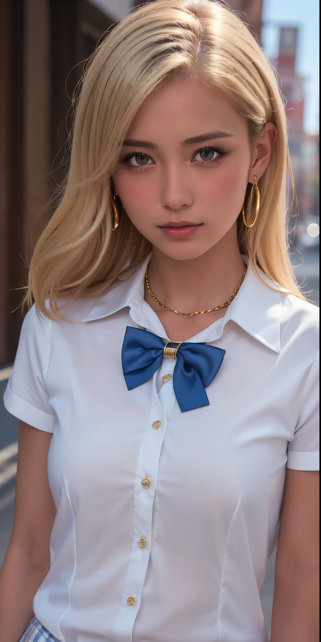 A close up of a woman wearing a white shirt and blue bow tie - SeaArt AI