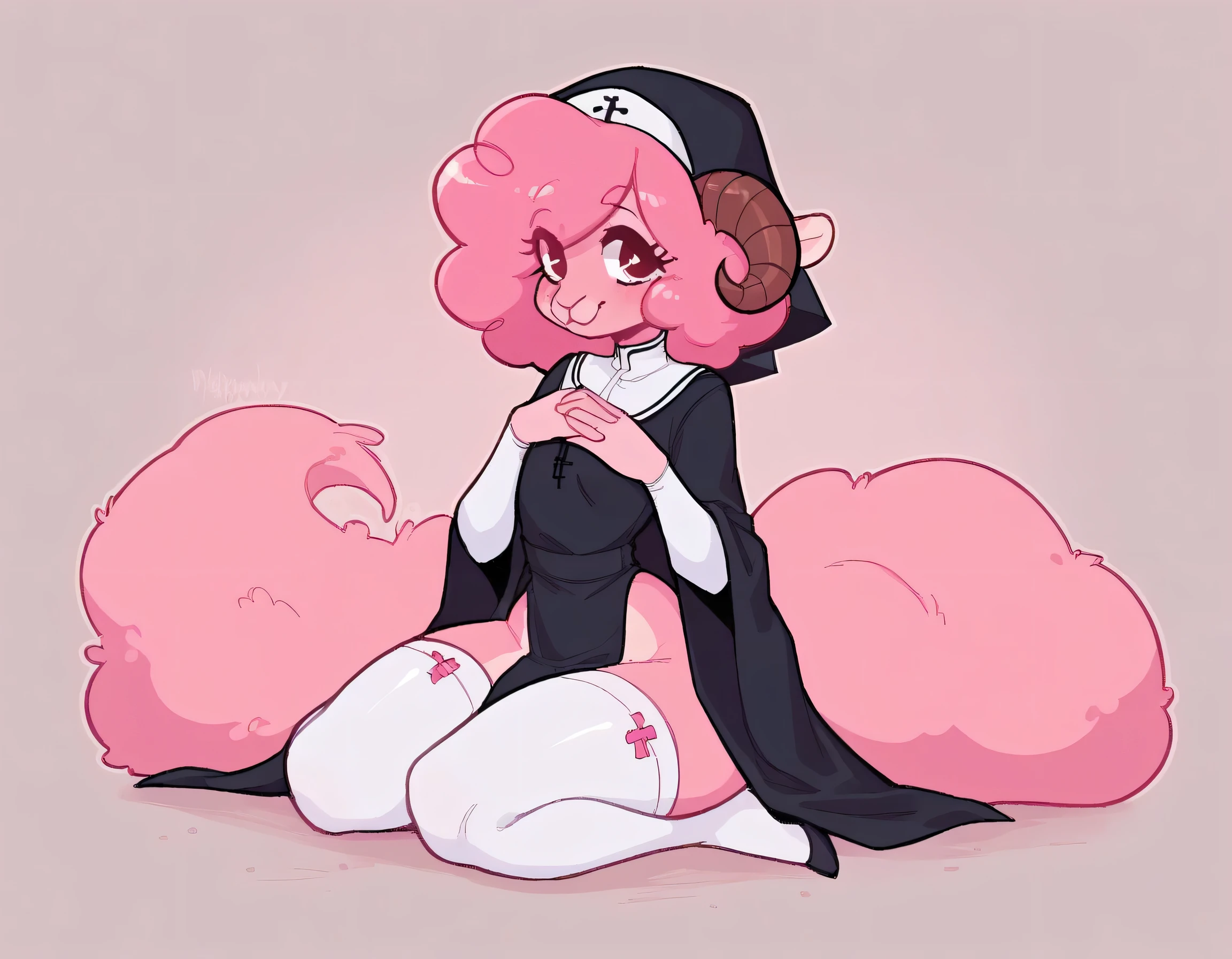 better quality, very detailed illustration , solo, ( Anthropomorphic furry sheep:1,7), ruffled voluminous bouncy hair , playful look, delgado, ideal body, thin waist , wide hips, simple drawing, Artifyber style , pastel flat colors , beautiful, cartoon ,solo, short curly pink hair, nun outfit, fluffy tail, ram horns, seductive pose, femboy