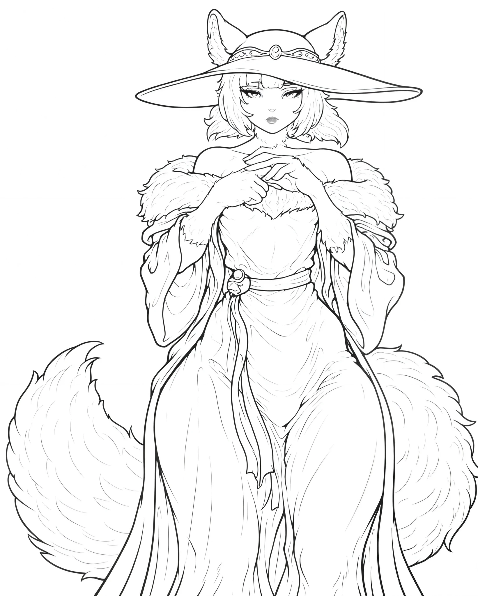 monochrome, greyscale, Line art, lineart, Timbrook, HDR, 8K, high contrast, masterpiece, best quality, amazing quality, very aesthetic, anime artstyle, realistic, newest, 
BREAK
monochrome, greyscale, Line art, lineart, Timbrook, adjatha
BREAK
1boy, femboy, otoko no ko, pointed, canine ears. partially fur-covered limbs, paw-like hands and feet, fluffy canid tail, effeminate appearance, soft features, girly look, svelte shoulders ,  flat and boyish chest, thin midsection ,wide hips, plush and shapely thighs, partially covered in fur. long, white hair that hangs around his face, plain  robes, pointed, wide-brimmed hat,