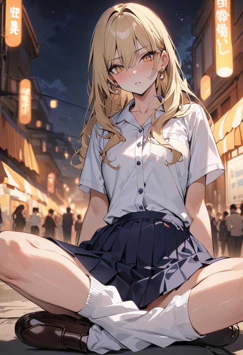 ((Perfect Anatomy:1.2,Realistic:1.3,Raw photo:1.3,masterpiece、highest quality、Ultra - High resolution、High resolution、Extremely detailed CG、8k)),Cowboy Shot. 1 female,alone,18-year-old、high school girl,beautiful girl,Japanese,((Beautiful and exquisite face and eyes:1.2,Big beautiful eyes:1.3,)),Blonde,Long Hair,(Center parted hair:1.4,amount),Small Head:1.3,slender,((Dark brown skin:1.4)),(Oily skin,Glowing Skin,Shiny skin,Sweat:1.2),(school uniform、Dark blue blazer jacket、Checkered pleated mini skirt,White loose socks,Black Loafers),(Show your audience white panties),(Sit with your right knee upright). The background is a dirty back alley、At night、Tokyo.