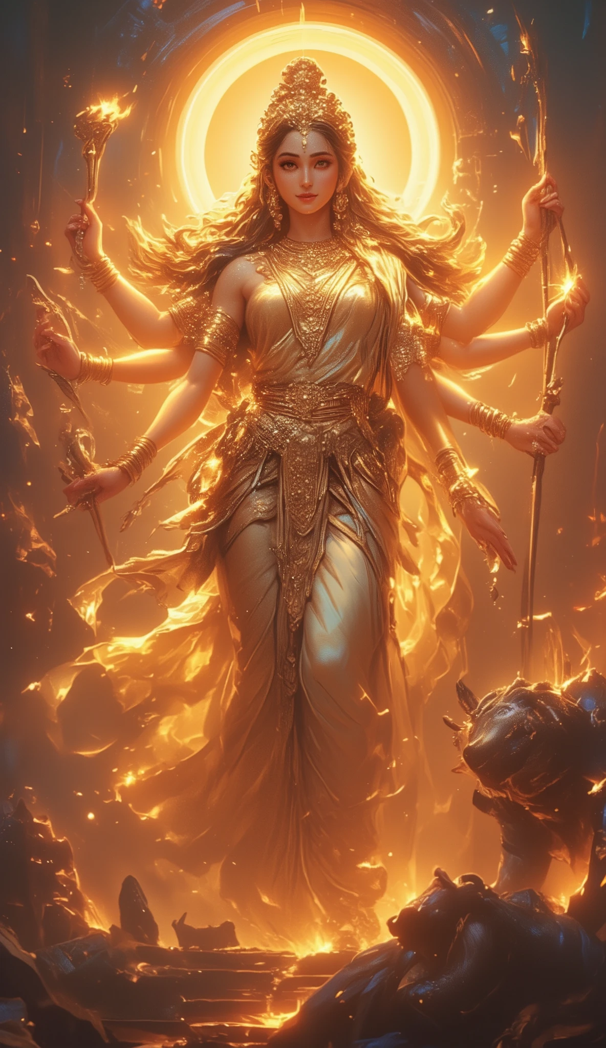 8k, highly detailed, photorealistic, hyper detailed, ultra realistic, intricate details, stunning clarity, beautiful, radiant, divine goddess, ma durga wear saree, four armed, golden, ornate jewelry, flowing robes, serene expression, powerful, commanding presence, majestic background, dramatic lighting, ornate temple, glowing halo, mystical atmosphere, fantasy landscape