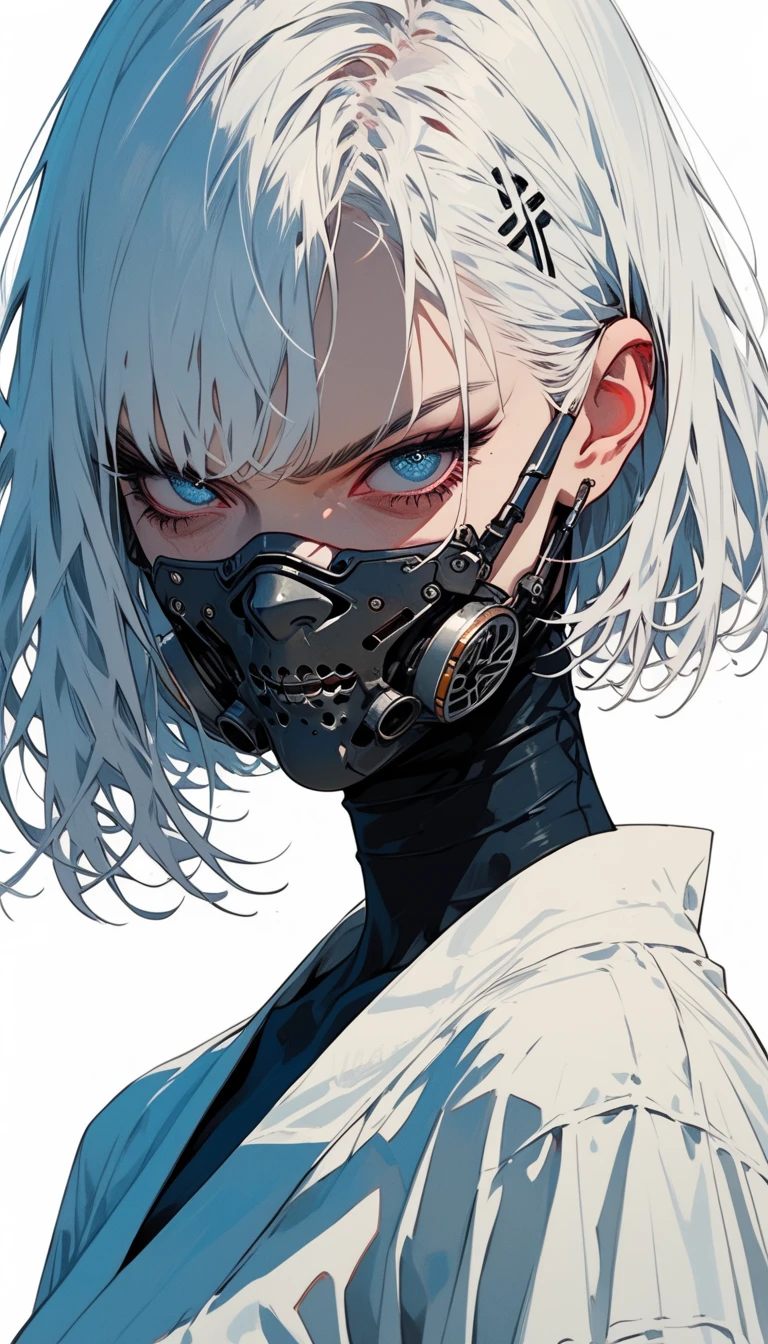 (score_9, score_8_up), score_7_up, zPDXL, 1girl, middle age, granny, freckles, white hair, short hair, curly hair, grey eyes, (one robotic eye,:1.2) bionic eye, tools belt, long horns, horned, two horns, technicians outfit, workshop outfit, one robotic arm, robotic arm, black facemask, full facemask,(arm chains:1.2), conceptart,multiple views,white background,simple background, <lora:Sinozick_Style_XL_Pony:1>, sinozick style, zPDXL