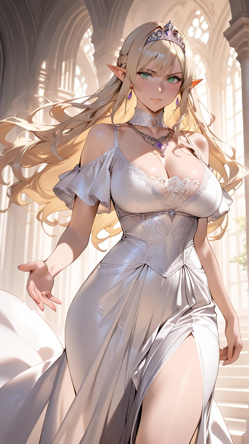 ultra-detailed, extremely detailed,((anime artstyle)),Masterpiece,(Best Quality),(Super Detail),(Very Delicate and Beautiful),((Solo)),((full body portrait)),full body,full body portrait,(detailed face and eyes),detailed eyes, perfect eyes, rendered eyes,jewel-like beautiful eyes,((1 princess in beautiful embroidery and jeweled gorgeous rococo ballgown with frilled voluminous full length hoop skirt)),((Crinoline)),beautiful embroidery and jeweled gorgeous rococo ballgown with frilled voluminous full length hoop skirt,(large amount of straight hair,extremely voluminous Very Long straight Hair,Absolutely Long Straight Hair),((very gigantic boobs,bursting breasts)),cleavage,(beautiful fantasy castle,outdoors,outside the castle),long_gloves,extremely gorgeousfull jeweled hair ornament,(bling-bling extremely gorgeousfull jeweled tiara),(luxurious jewelry),full body portrait,beautiful embroidery and jeweled gorgeous rococo ballgown with frilled voluminous full length hoop skirt