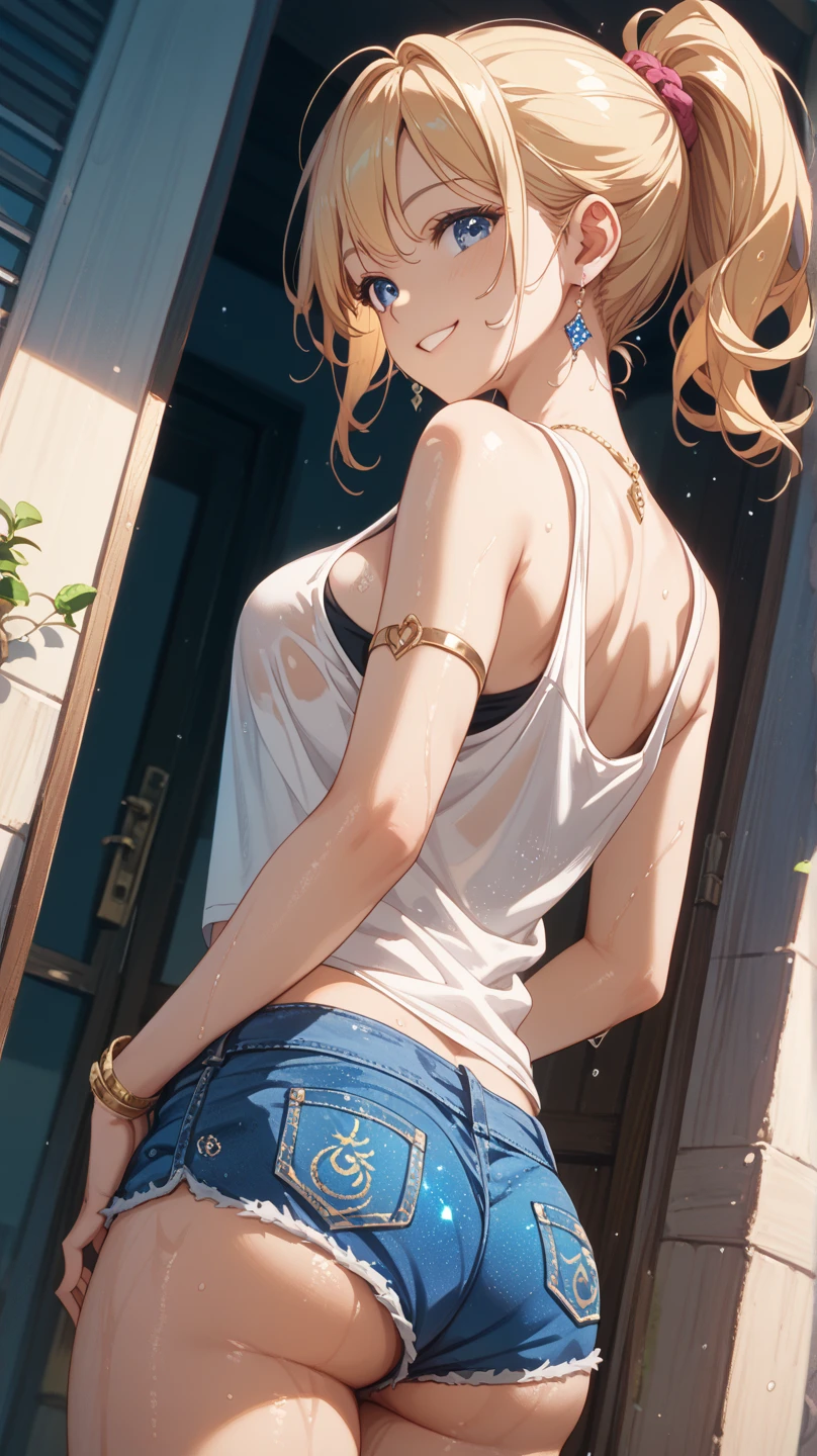 ((Highest quality、Masterpiece、Very detailed、4K))、One Woman、White shirt、No sleeve、Shorts