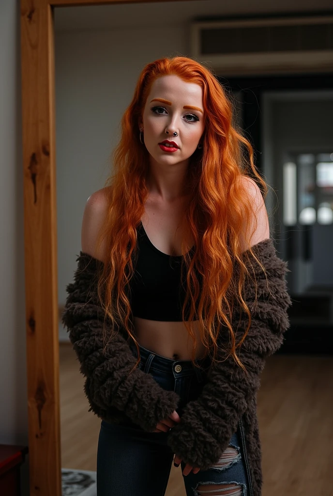 A photo of a seductive woman with flowing red hair, posing in a dark studio, she is wearing a button down shirt and pants, details Intricate, shiver, face perfect, shy, modest