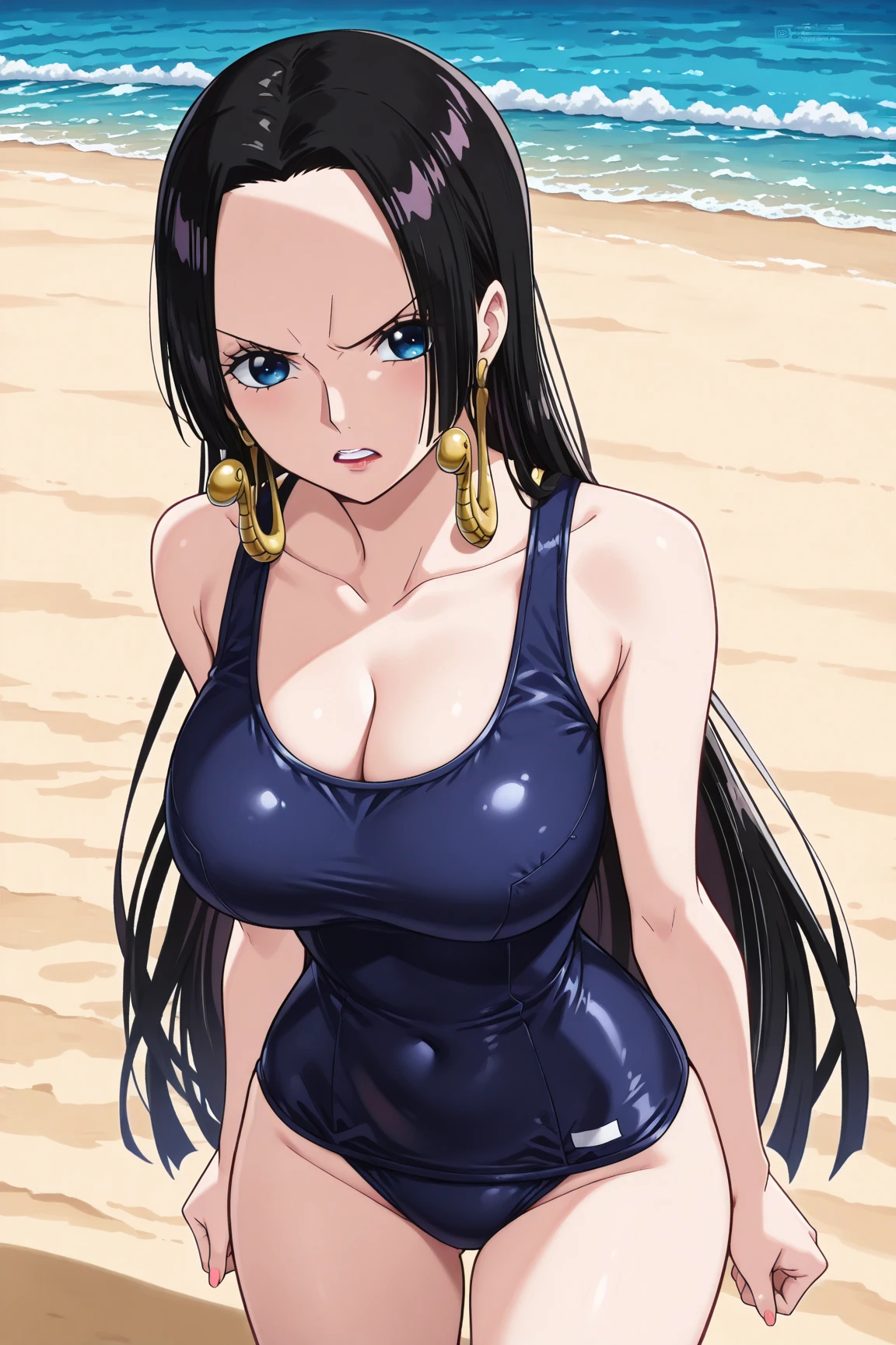 score_9, score_8_up, score_7_up, source_anime,masterpiece,best quality,highres,absurdres,official art,official style,source_anime,anime screencap,anime coloring,megami magazine,anime,animated,explicit,boa_hancock,long hair, black hair, earrings, large , ,((areola , ((Areola)),((ni, long hairing at viewer, Laege breasts, navel, o-ring, S, (White Seethrough swimsuit:1.3), ((focus on pussy)), from pussy