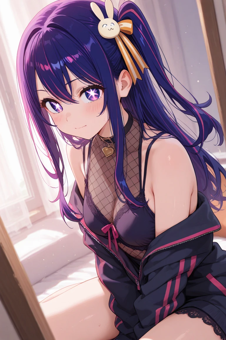 Ai Hoshino, Long hair, Purple hair, Striped hair ,Purple eyes, Star-shaped pupils,  1girll, full bodyesbian,Solo,  Purple eye,Star eyes,Sparkling eyes,Shining eyes,Star-shaped pupils,Detailed eyes, white thighhighs, Purple colored hair,Blowing hair,  looking a viewer, Breasts, full bodyesbian, Large breasts,Ray tracing, Vibrant colors, Girl, Masterpiece, Sharp focus, Best quality, Depth of field, Cinematic lighting, detailed outfits, Perfect eyes, Rich in detail and texture, Bunny Girl, Riman, Indoors, Smiling, Red hair, Colored inner hair, colored eyelashes, Long hair, Blue eyes, black sock, Smiling,