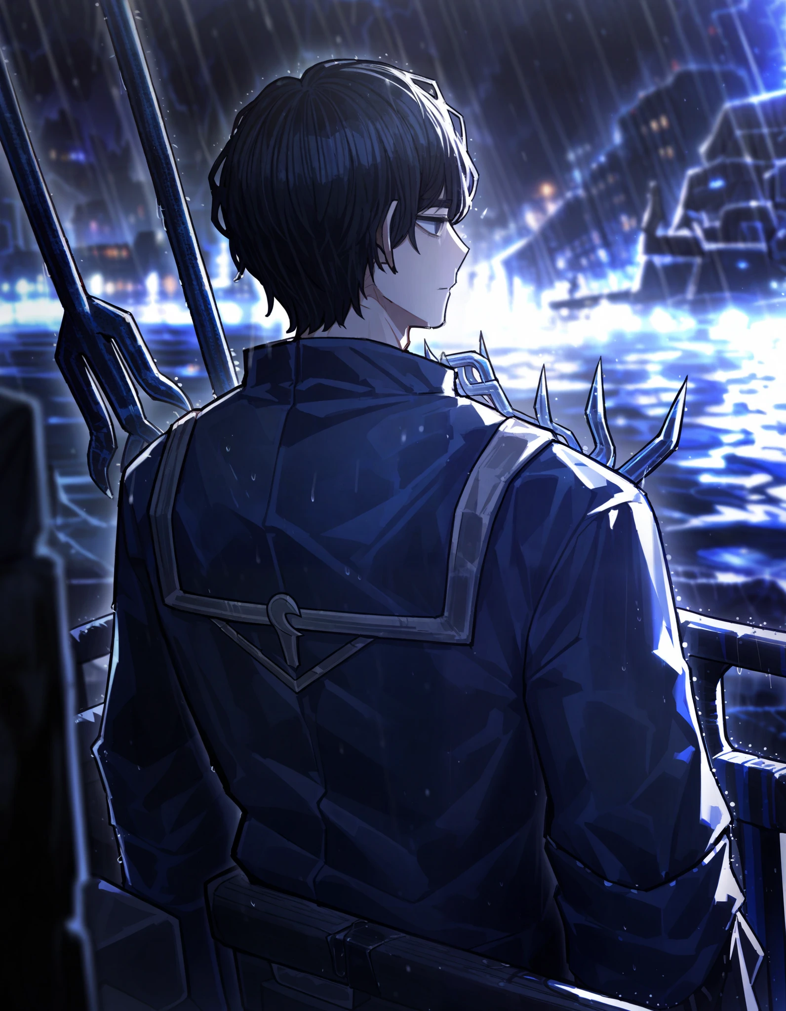 1man, boy, male, black hair, short hair, unkempt hair, bulky Captain attire, close up, solo, dark blue jacket outfit, high resolution, raining, Masterpiece, detailed, ((projectmoon)), skinny, trident on back with three prongs, on a ship