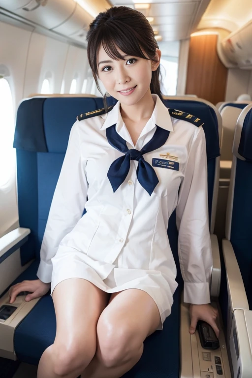 （best qualtiy，hyper HD, masutepiece, 16 K,Super Detail）,Goose egg face,largeeyes,long eyelasher,Exquisite（Live-action realistic style）,Star-like eyes,The Ultimate Face,Photorealistic light and shadow,Clear facial features,milky skin,Fair skin, highdetailskin,Realistic skin details,Visible Pore,（Super Detail）, body,, full body Esbian,,（Flowing hair）, SMOOTHNESS,Condescending smile,(((Dressed in flight attendant costume)))，Beautifully decorated,1.07,(When you open your legs, Your white panties are exposed)、((Make eye contact with your audience))、in an airplane,cowboy  shot , Too short miniskirt,(( Stand in the aisle of an airplane)),(The wind flips up the skirt)、Panty Exposure.Standing pose like a model,Rear view