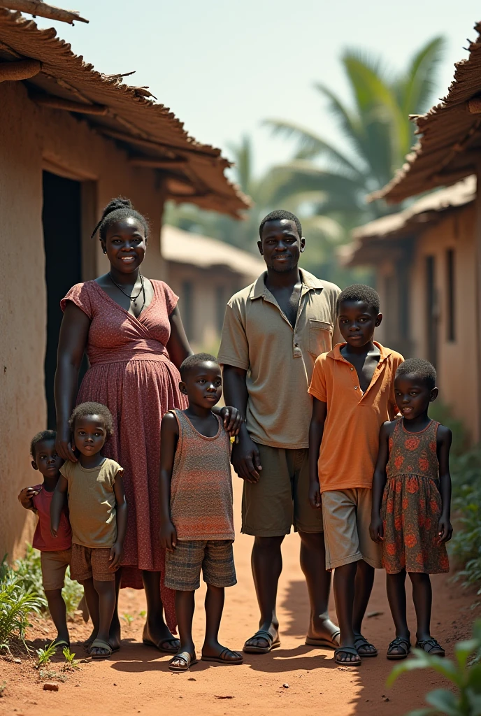 image of a humble family in the backlands of Bahia, with a man, a woman and their children standing in front of a modest shack. Sunlight shines brightly and illuminates the scene, creating complex shadows. People's clothes are simple and with rather faded colors. Behind the people, it is possible to see vast dry plains and an extremely arid landscape. The image should have a realistic and rustic aspect, with a photographic touch.